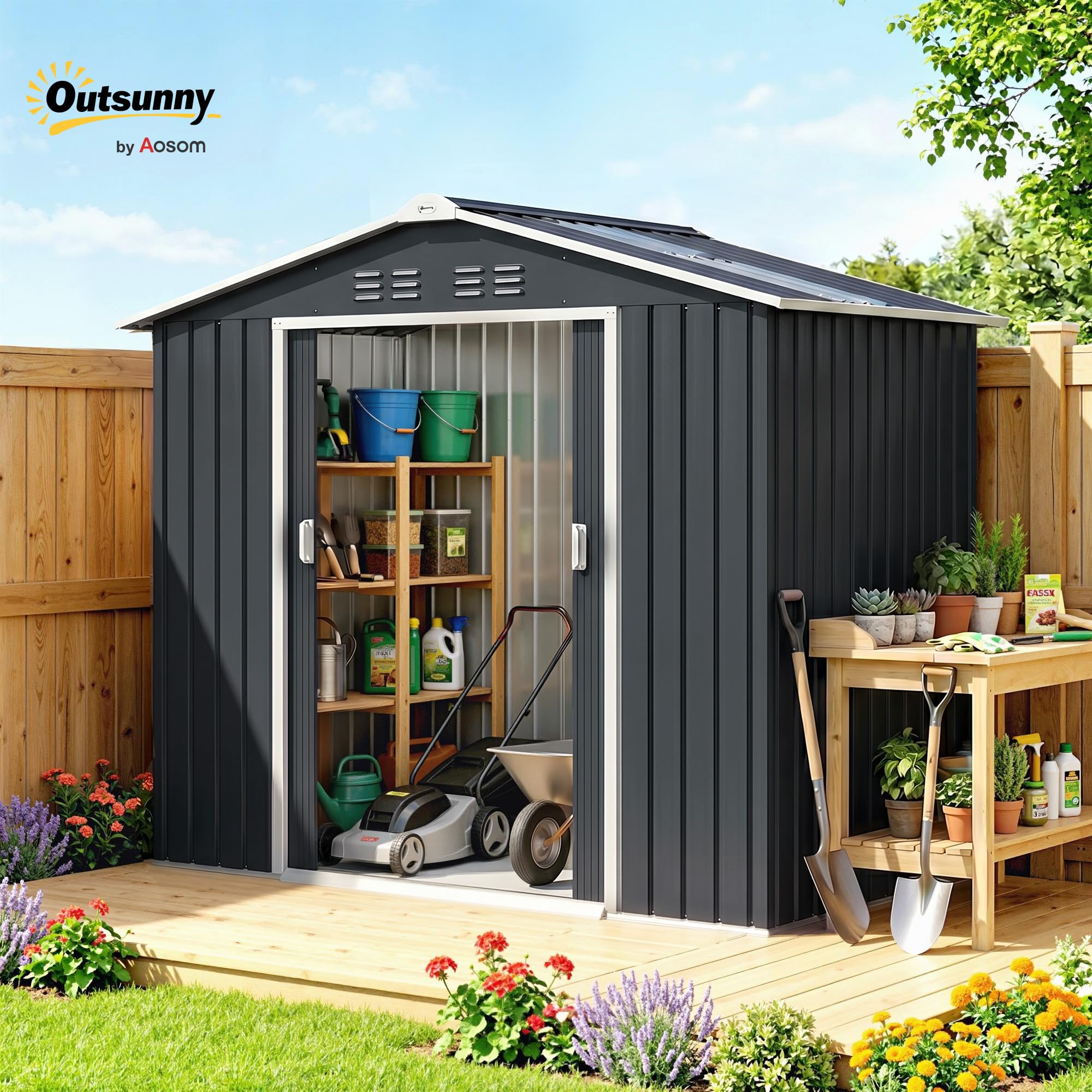 Outsunny Casetta da Giardino 2.42m² in Acciaio Zincato con Prese d'Aria e Kit Fondazione, Capanno da Giardino con Lucernario, Doppia Porta Scorrevole Bloccabile, Tetto Inclinato, Grigio Scuro