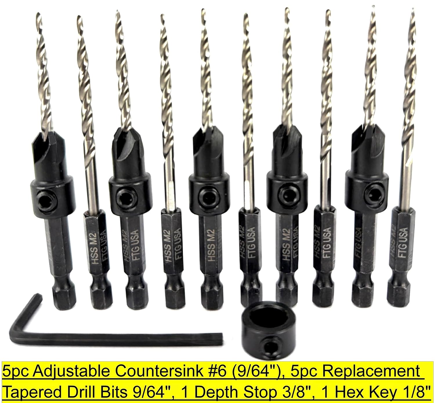 FTG USA 5 Pc #6 (9/64") Countersink Drill Bit Set with 5 Pc Replacement Tapered Drill Bits for Wood in Storage Container