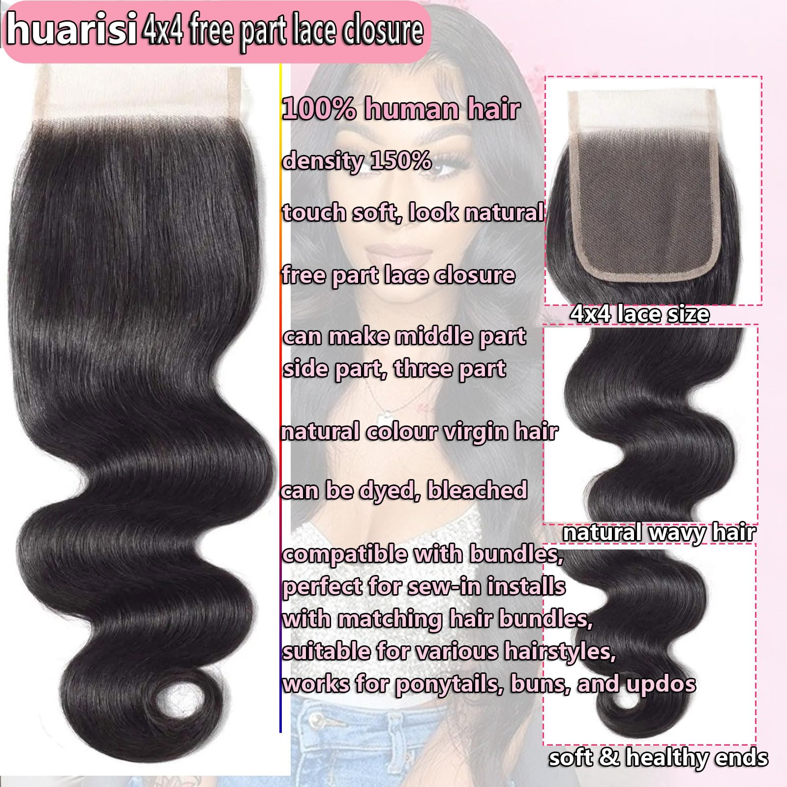 Huarisi 4x4 Transparent Lace Closure Human Hair Body Wave 10 Inch Brazilian Short Wavy Closures with Baby Hair Sew in Natural Hairline Free Part Soft for Black Women - Image 3