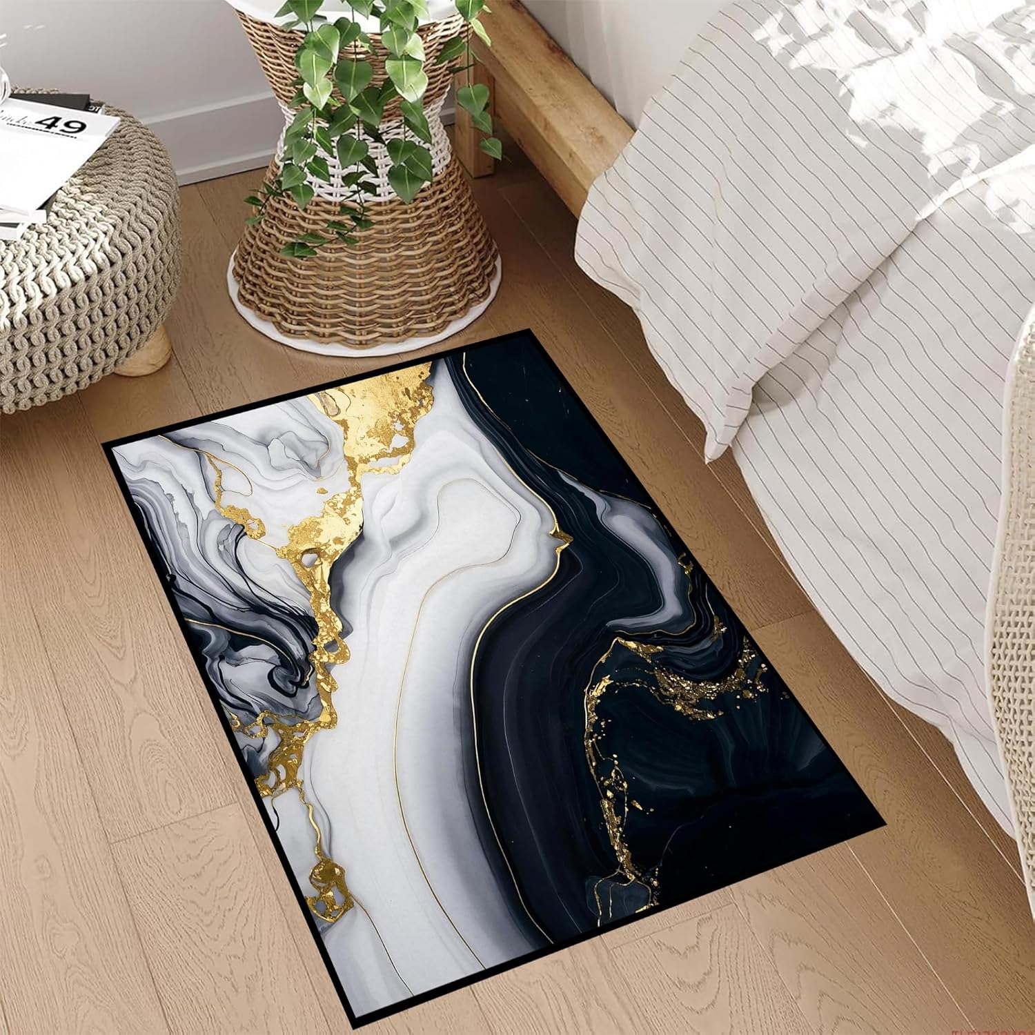 3D Marble Area Rug for Kids Boys, Black White Gold Marble Rug for Teens Boys Room, Navy Blue Doormat Kitchen Bathroom Playroom Washable Throw Rug Black Gold White Carpet Game Room Decor, 2' x 3'