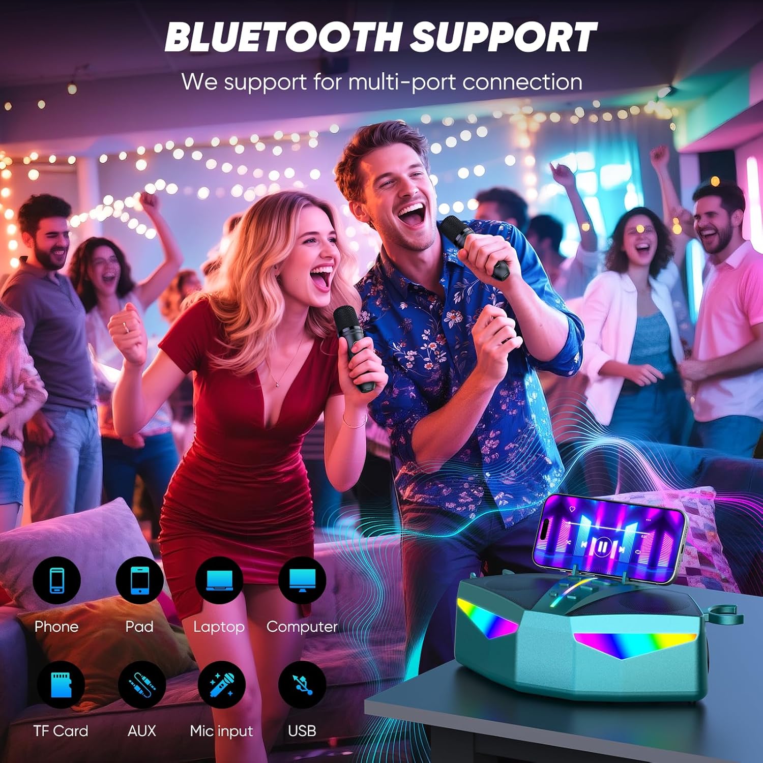 Karaoke Machine, Real 35W Portable Speaker,8H Long Time, 2 Rechargeable Wireless Microphones,LED,Karaoke Machine for Adults & Kids,BT/FM/USB/TF/AUX,for Home Party/Outdoors(CHJ161-Teal)