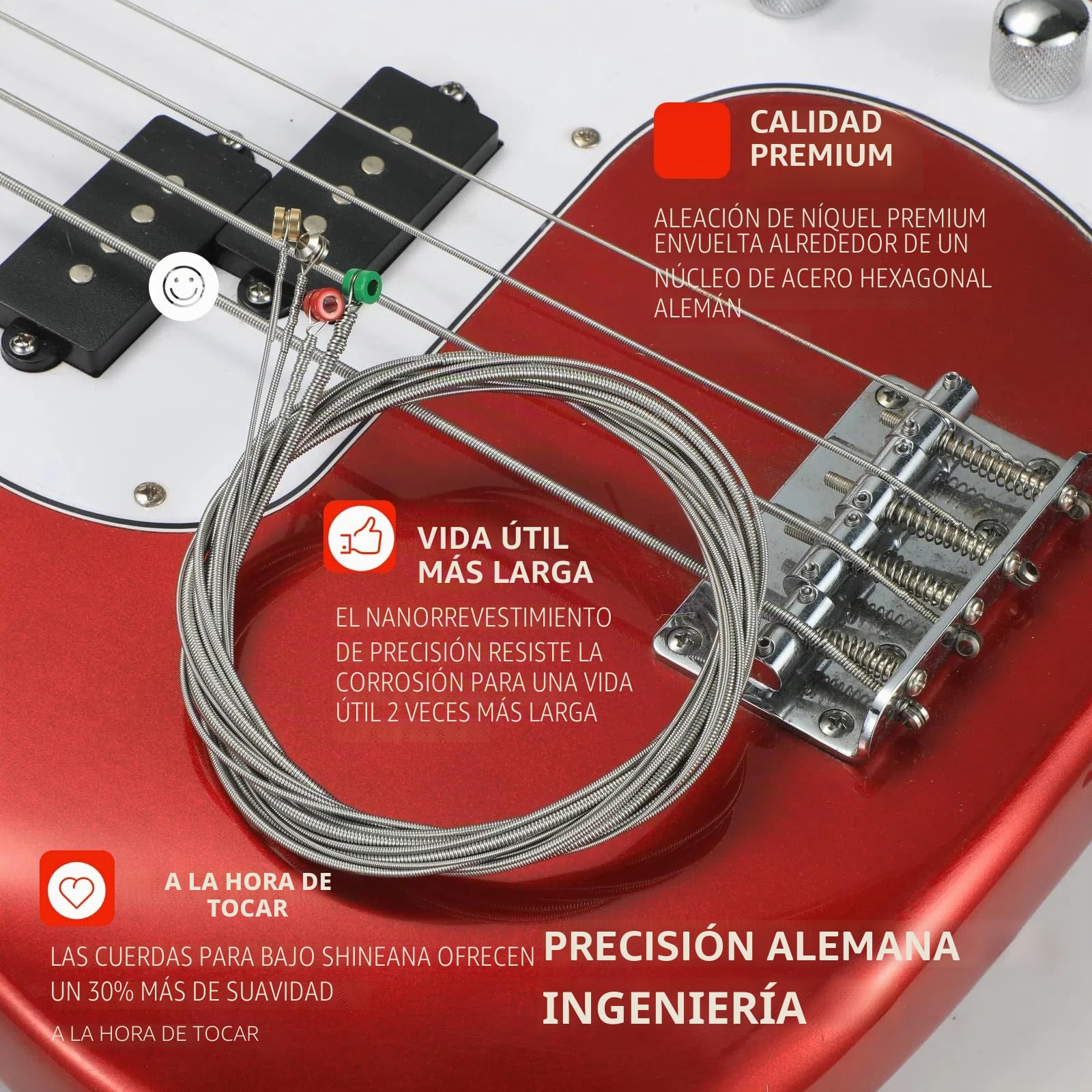Cuerdas de bajo eléctrico de 4 cuerdas, aleación de níquel enrollada con núcleo de acero hexagonal alemán, revestimiento completo para mayor durabilidad, sellado al vacío (45-105 mediano), tacto suave