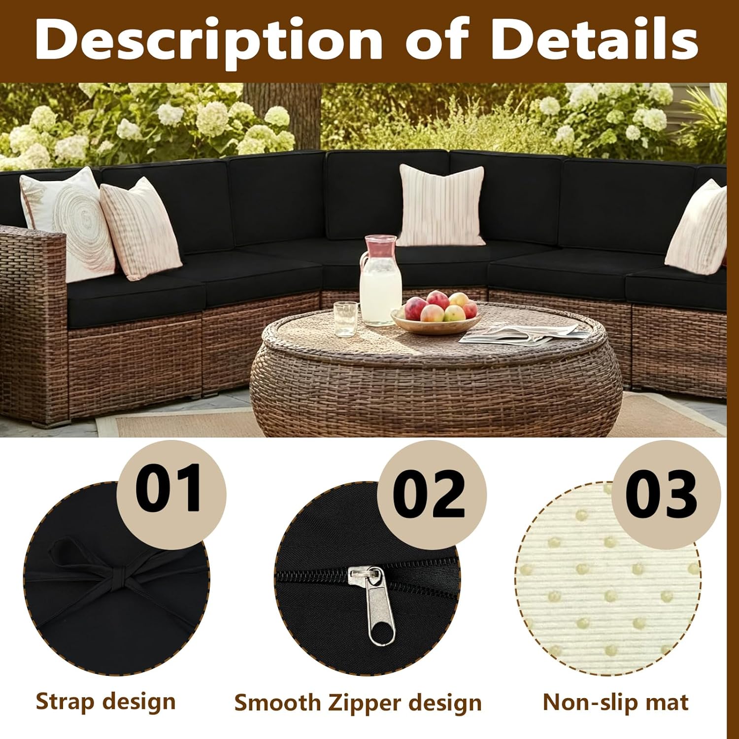 14 Pcs Outdoor Cushion Slipcovers, Patio Furniture Cushion Cover Raplacement, Water-Resistant Patio Furniture Cushion Covers with Zipper (Black, 24.8Lx24.8Wx3.14H)