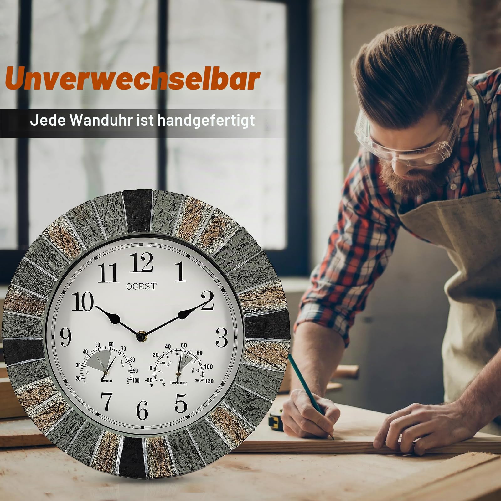 OCEST Robuste Gartenuhren für den Außenbereich, Outdoor wasserdicht, 33 cm große Kunstharz-Wanduhr mit Thermometer und Hygrometer, batteriebetrieben,dekorative Uhren für Terrasse, Pool Outdoor