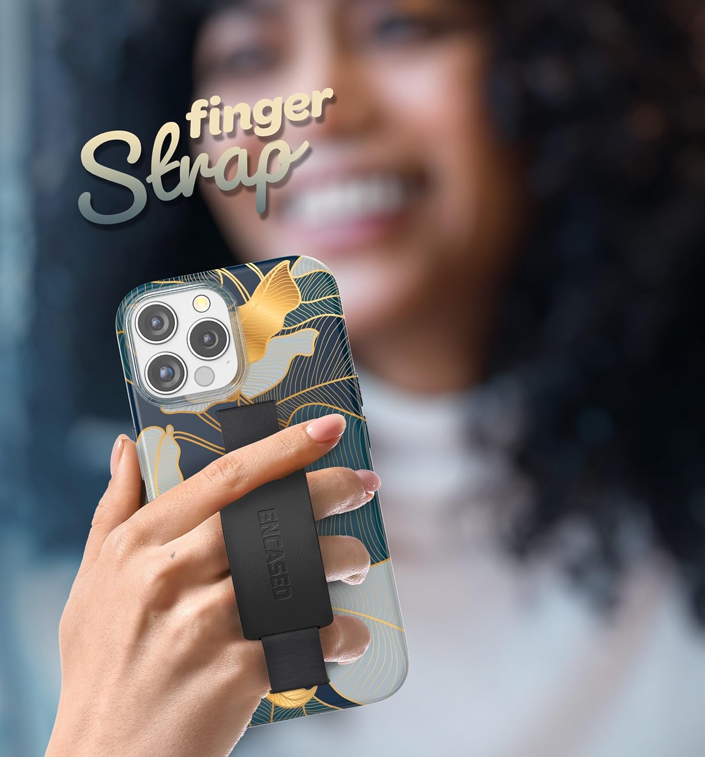 ENCASED Finger Loop Case, Designed for iPhone 15 Pro (2023) Hand Strap Grip Cover with Soft-Touch Silicone Phone Holder (Blue Gold Palm Leaf) - Image 5
