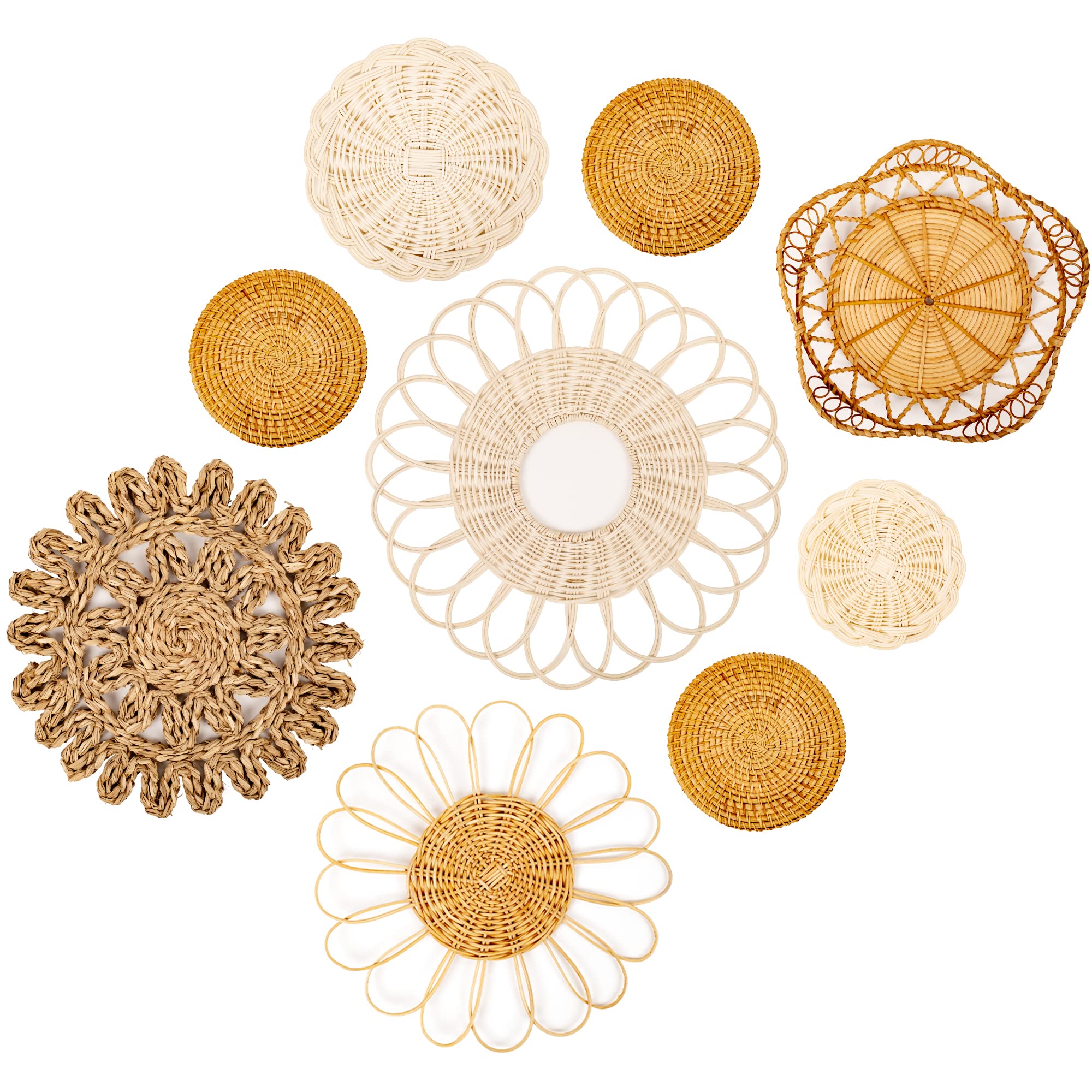 EXA Set of 9 Woven Wall Basket Burnside Farms Decor - Boho Farmhouse Rustic Room Style - for Thanksgiving Christmas Hanging Wall Art, Gift Idea, Table Settings - Handmade, Round, Natural Seagrass