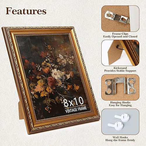 Miniatura 4 de Marco de fotos de 8 x 10 pulgadas, marco de fotos dorado bronce vintage para mesa y montaje en pared, marco de fotos antiguo de 8 x 10 pulgadas para
