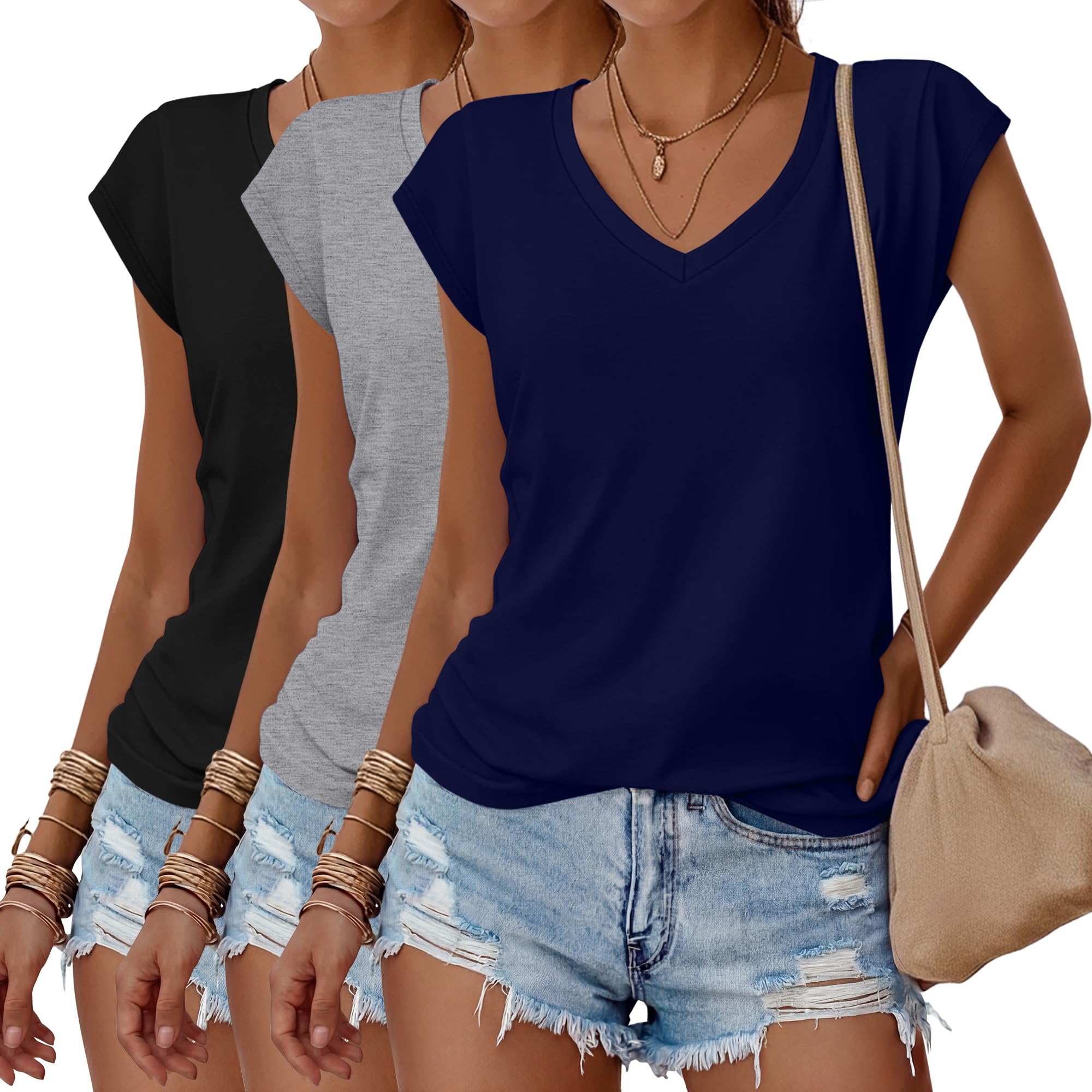 Huukeay 3 Pack Women's V Neck Short Sleeve Shirts | Soft but Sturdy Fabric, Roomy Drapey Fit, Cap Sleeve, Casual Summer Wear, Year-Round Wearable Style