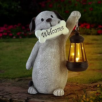 Olekki Solar Dog Garden Statue with Lantern Light 9.2in Outdoor Dog Figurine for Yard Patio Garden Decor, Cute Memorial Gift for Women Mom