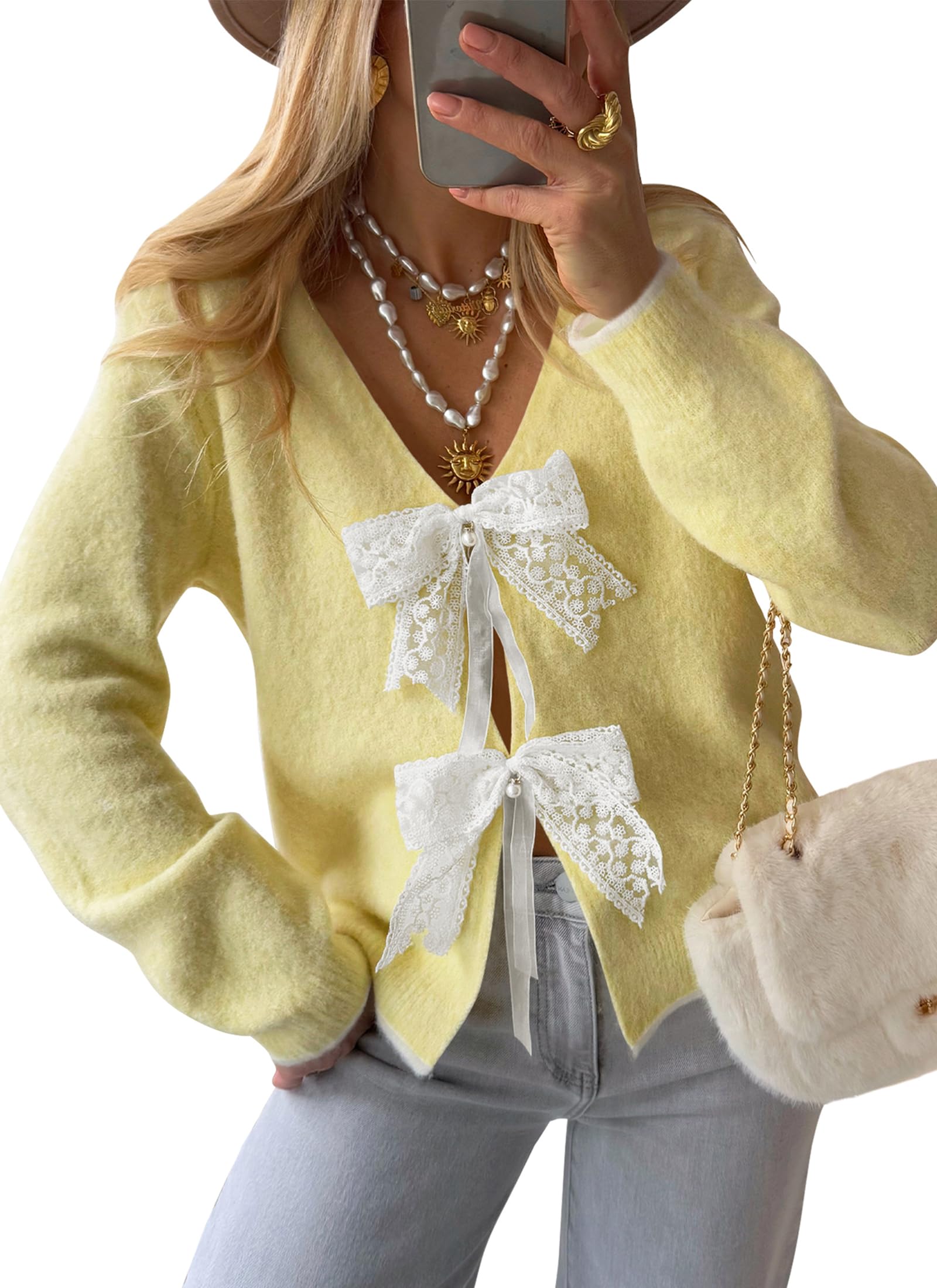 Cakulo Womens Bow Tie Sweater V Neck Cardigan Sweaters 2026 Lightweight Spring Fashion Knit Cardigans Outfits