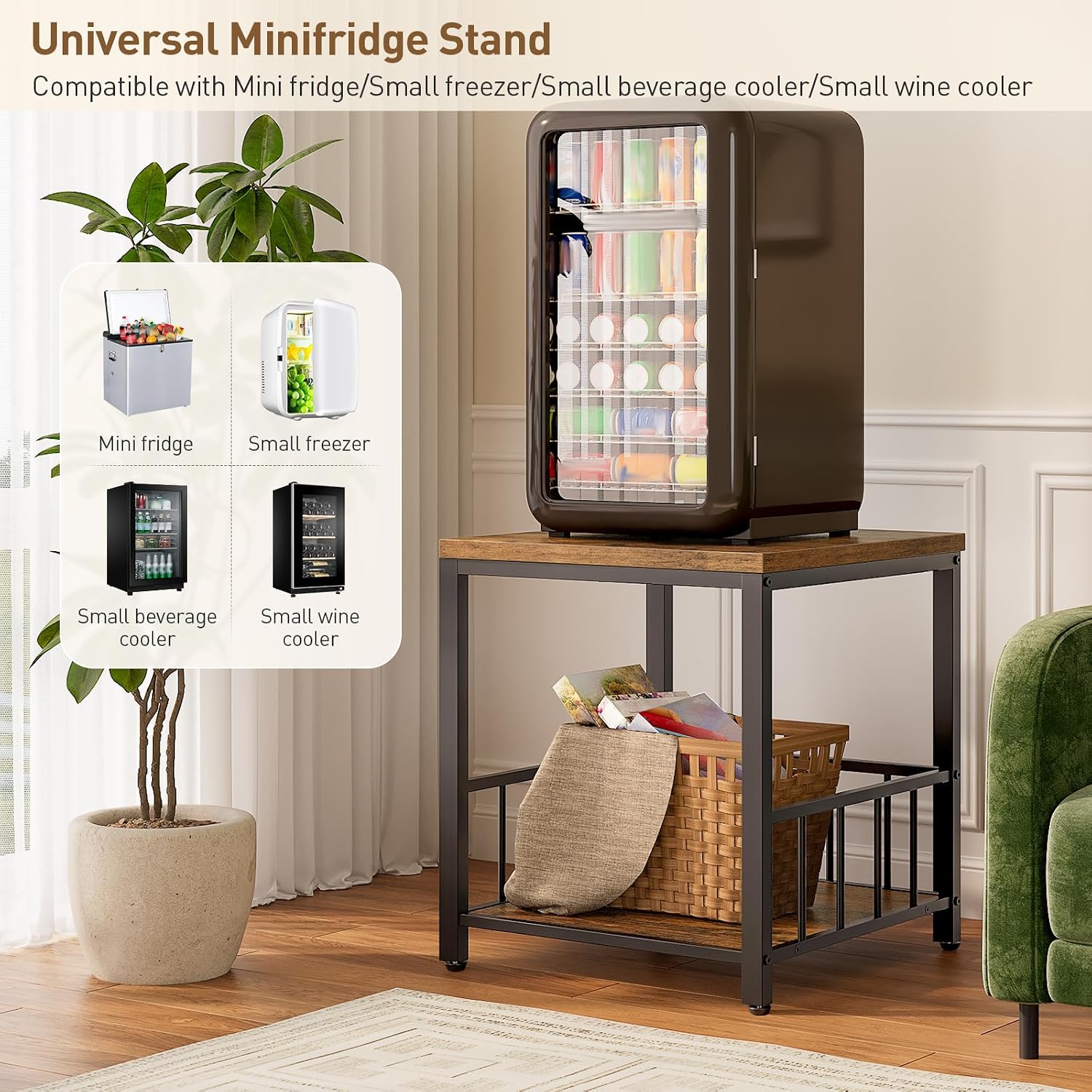 RALGEND End Table, Mini Fridge Stand with Storage, 20" Mini Fridge Cabinet with 2-Tier Storage Shelves, Mini Fridge Table Adjustable Feet, for Kitchen, Living Room, Rustic Brown and Black 5001RSBF