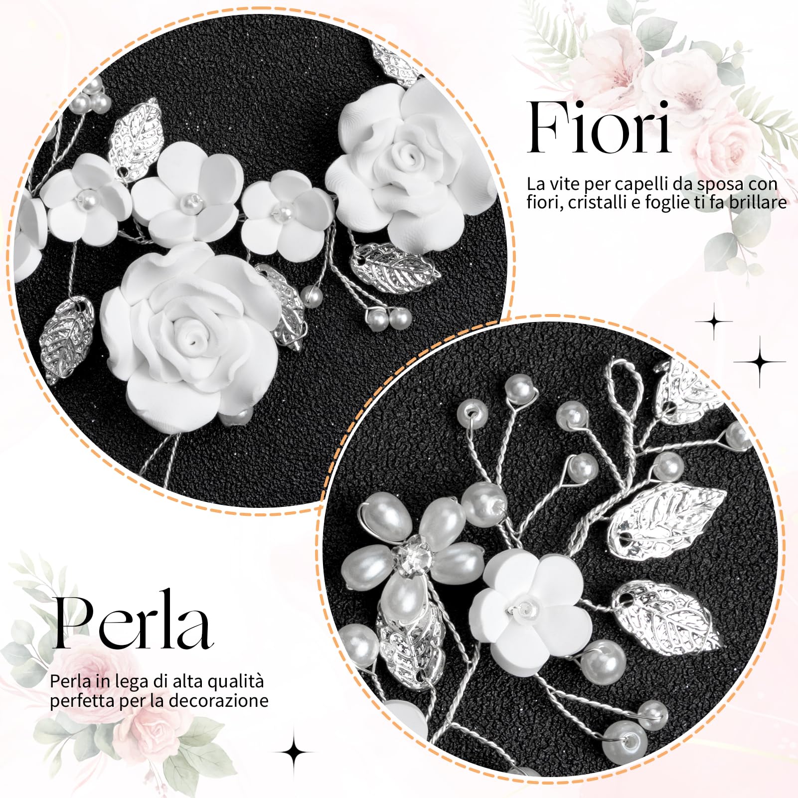 Kiiwah Fiore Sposa Matrimonio Capelli Vite Cristallo Fasce per Capelli Accessori Capelli Sposa Argento, Forcine a Forma Perlé a Forma Di U per Donne e Ragazze