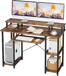 Bestier パソコンデスク 机 pcデスク ゲーミングデスク 幅118cm ラック付きデスク キーボードスライダー付き モニター台付き 勉強机 学習机 ワークデスク オフィスデスク 省スペース おしゃれ 書斎 在宅勤務 一人暮らし 組立簡単...