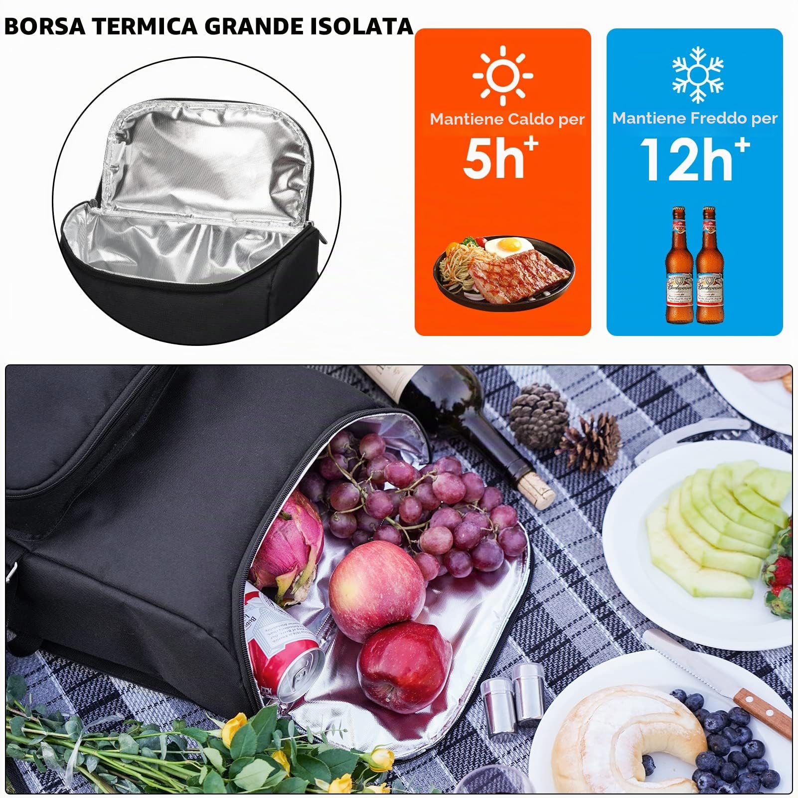 Zaino da picnic per 4 persone con grande borsa termica isolata, cestino da picnic con sacchetto di vino, coperta da picnic impermeabile e set di posate. Perfetto per spiaggia, festa, regalo di nozze