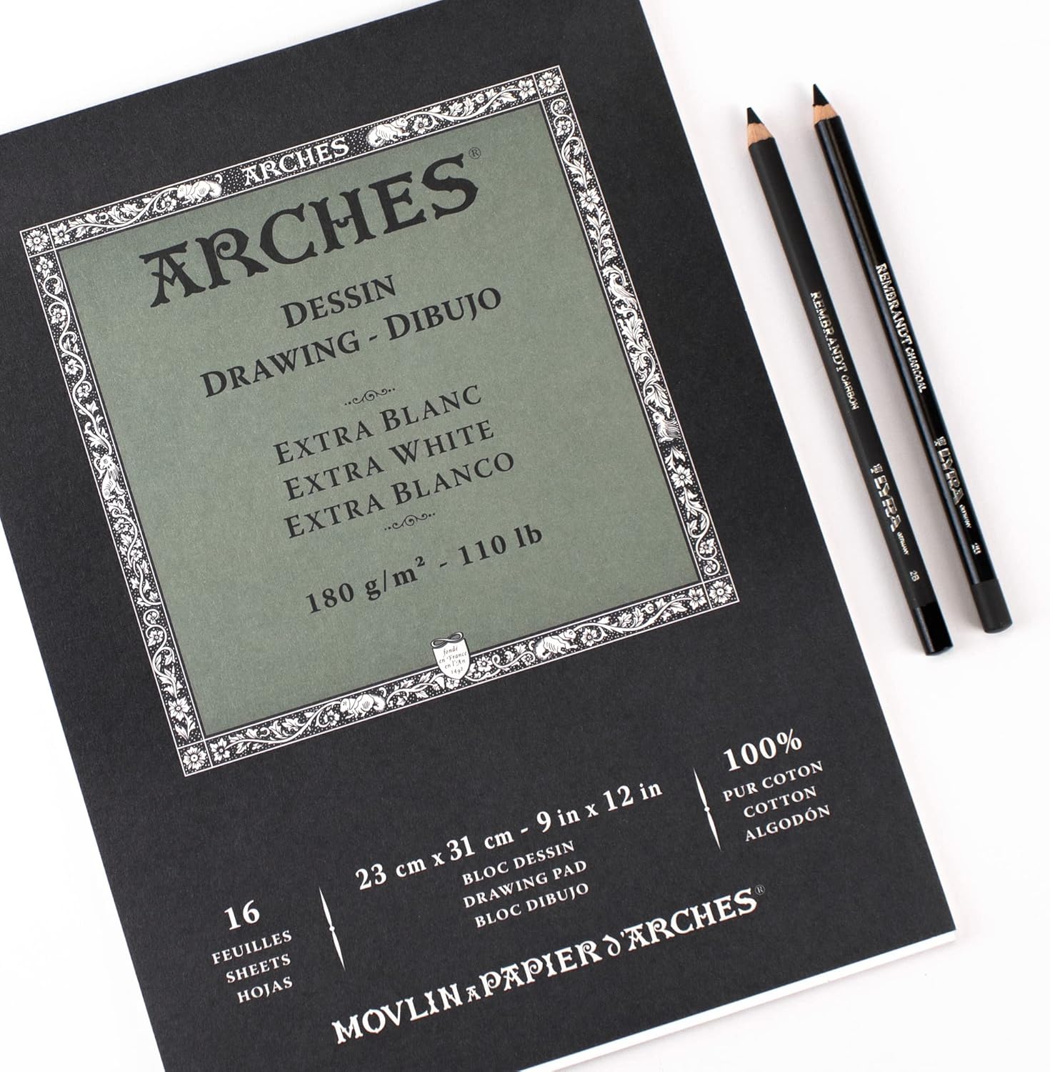 Arches Velin BFK Rives Drawing Pad, Extra White, 9x12 inches, 16 Sheets - Professional Art Paper for Figure Drawing, Portraits, Illustration, Calligraphy