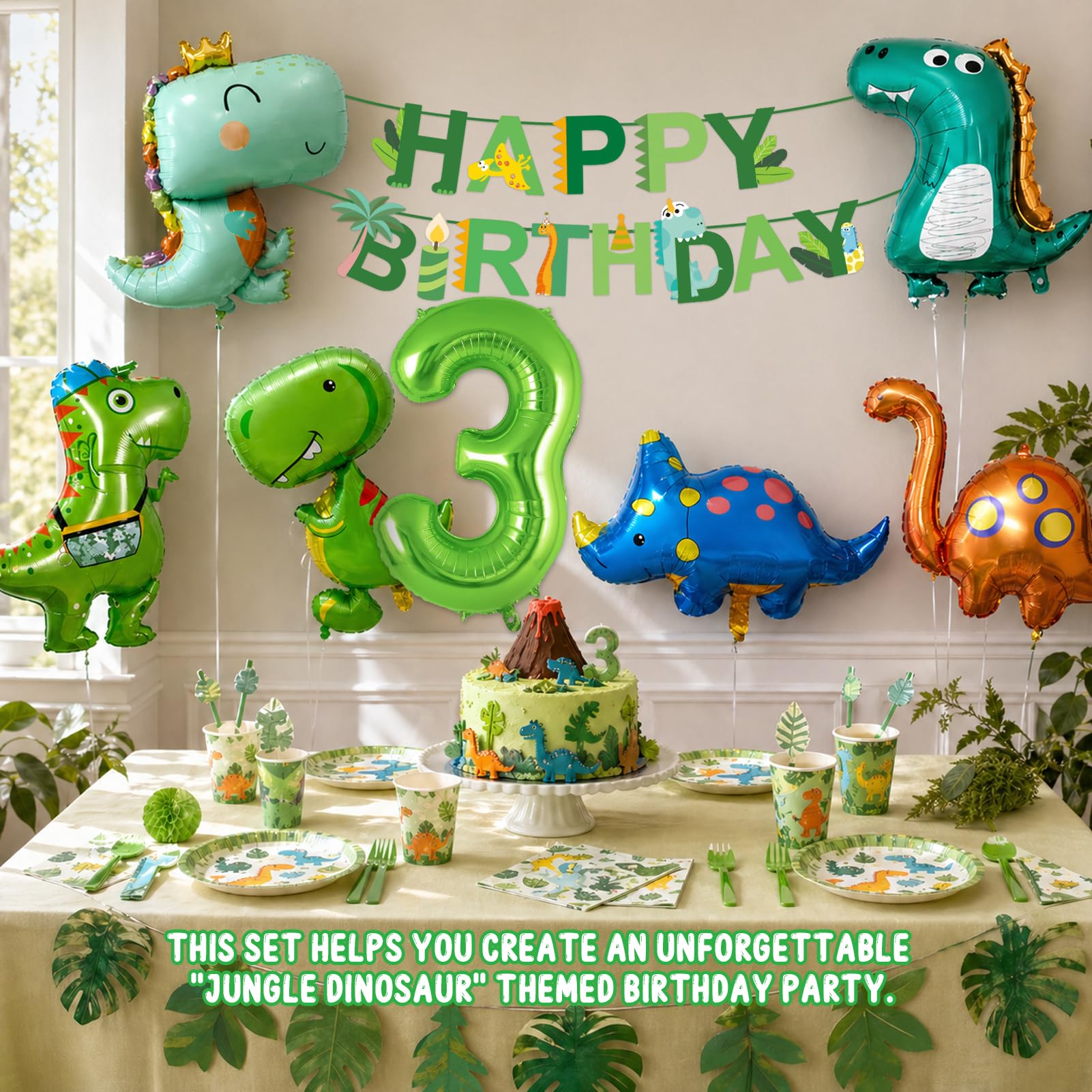 Globos Dinosaurio Decoración Cumpleaños 3 Años, XXL Globos Dino con Happy Birthday Bandera, Fiesta Dinosaurios