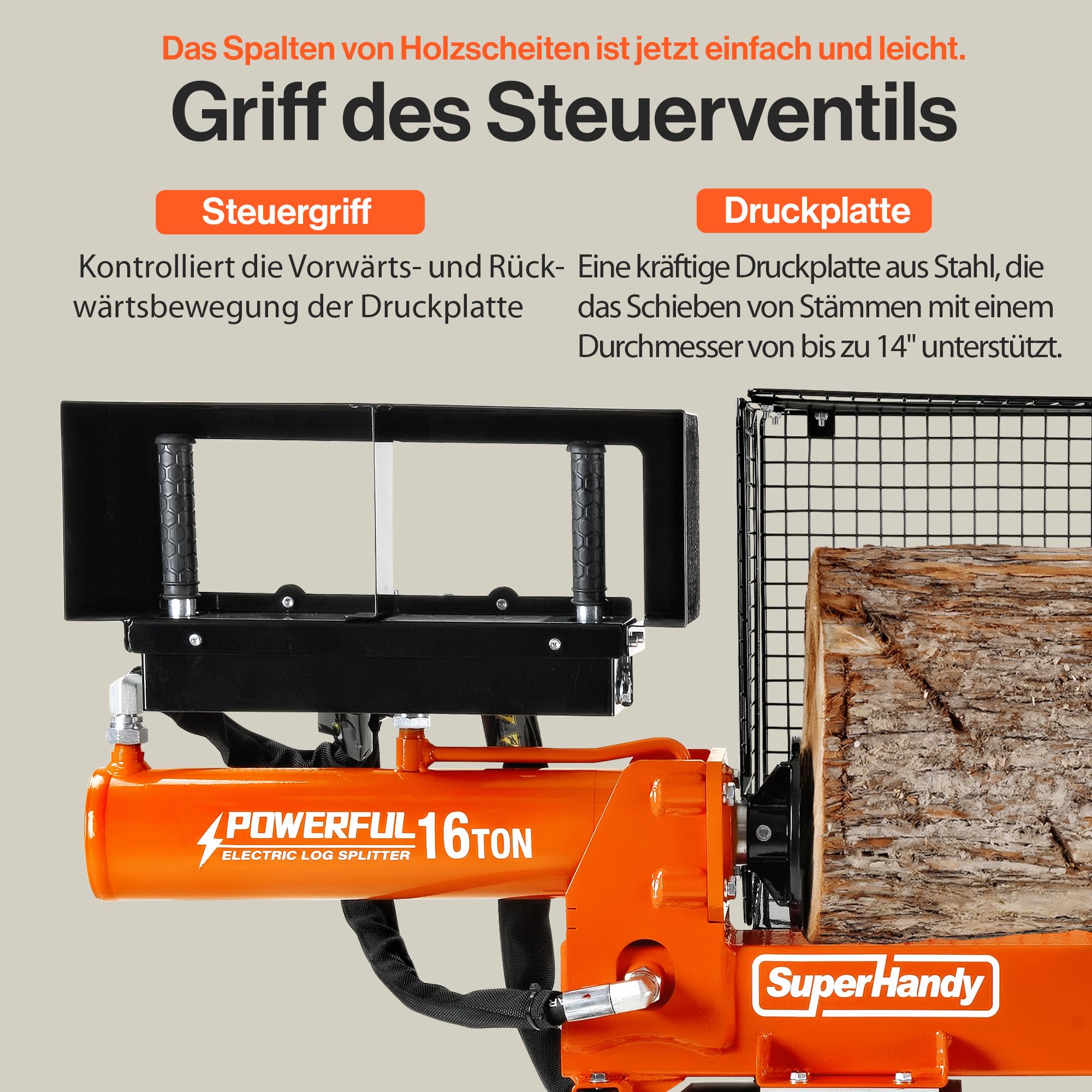SuperHandy Holzspalter, 16 t Spaltkraft, 1500-W-Motor, Scheite 50 cm | Tragbar; 2-stufige 10-GPM-Hydraulikpumpe; Vollträger mit Stahlkeil für Brennholz, Forst- und Erntearbeiten