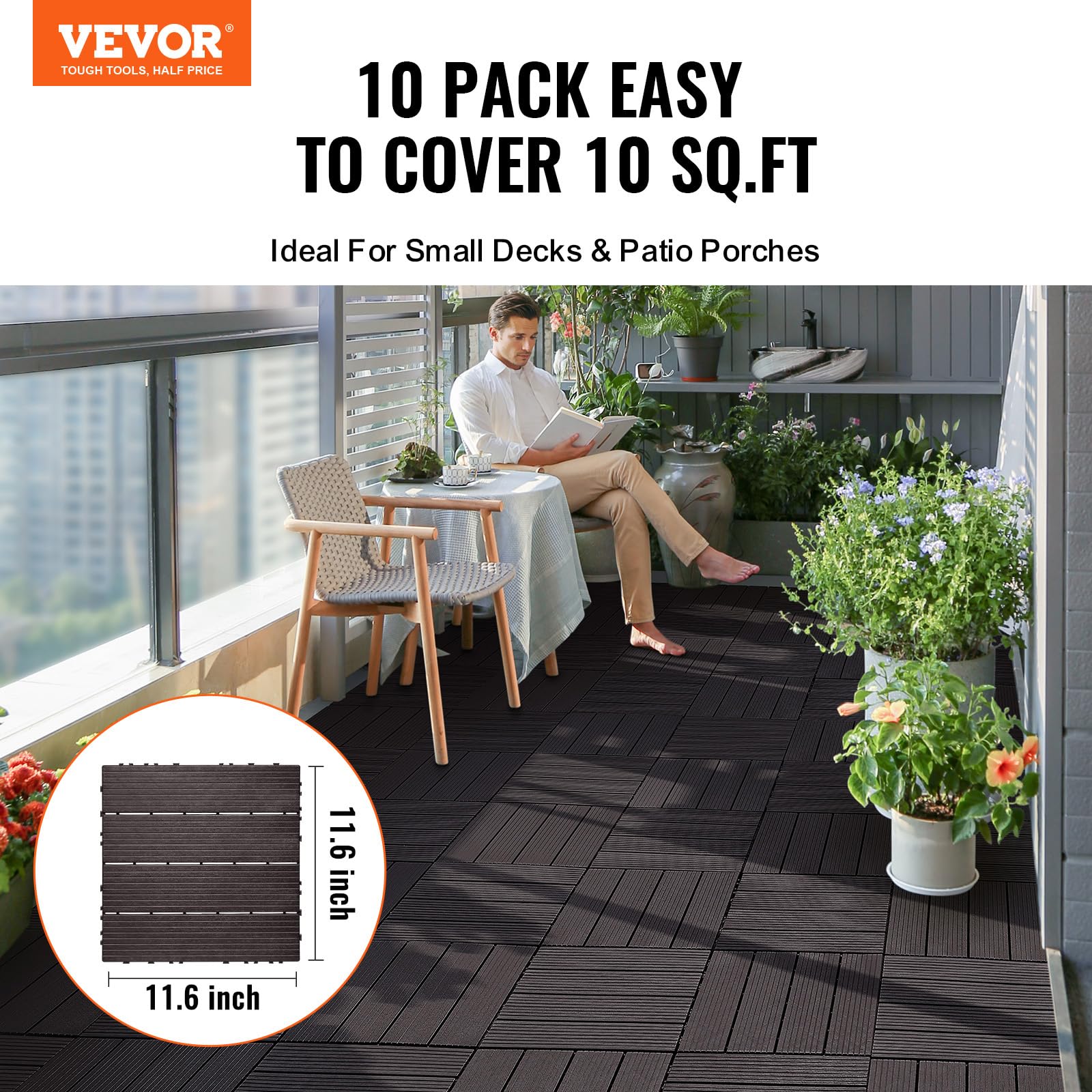 VEVOR Dalles de Terrasse Emboîtables, Lot de 10, Revêtement de Sol Plastique Imperméable, 300x300 mm, 9290 c㎡, Utilisation par Tous les Temps, pour Porche, Piscine, Balcon, Arrière-cour, Marron Foncé