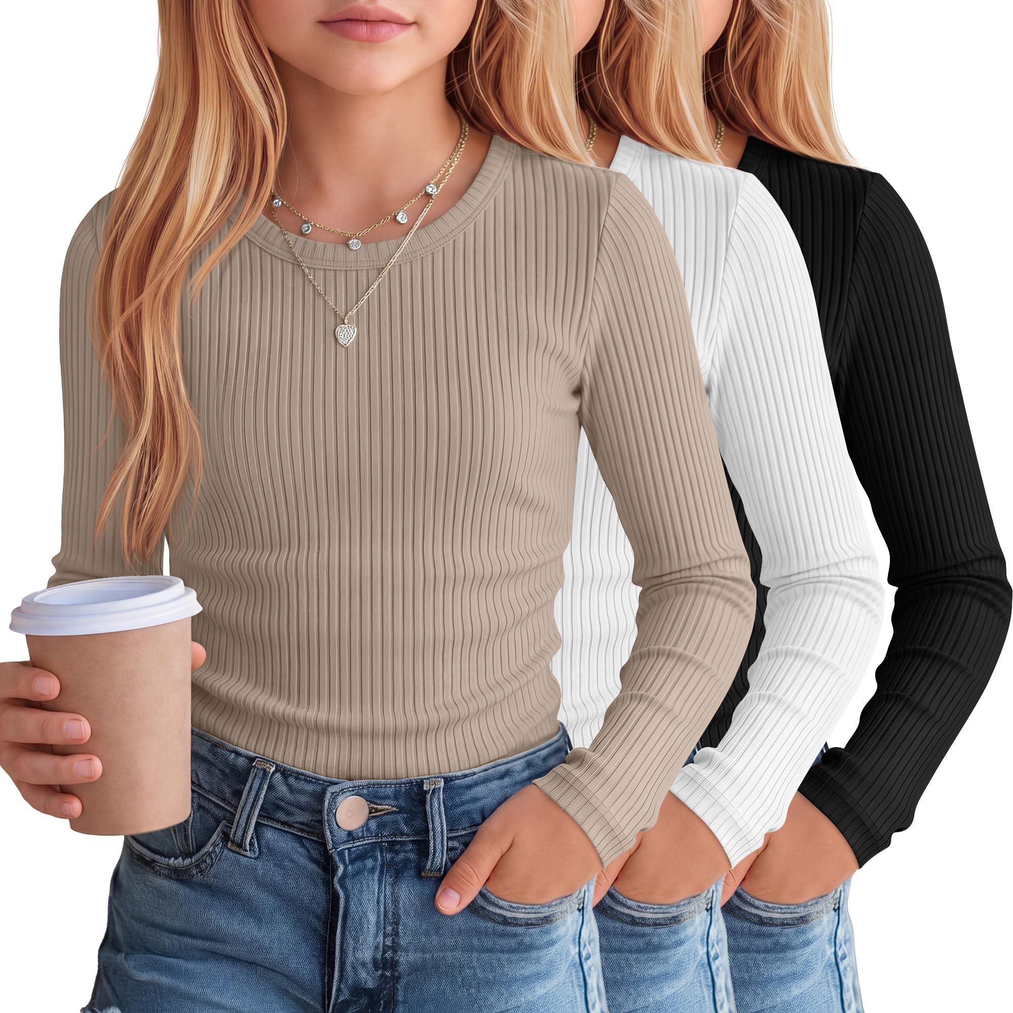 Clabby 3 Pack T-Shirts Fille Coton Côtelé Manches Longues