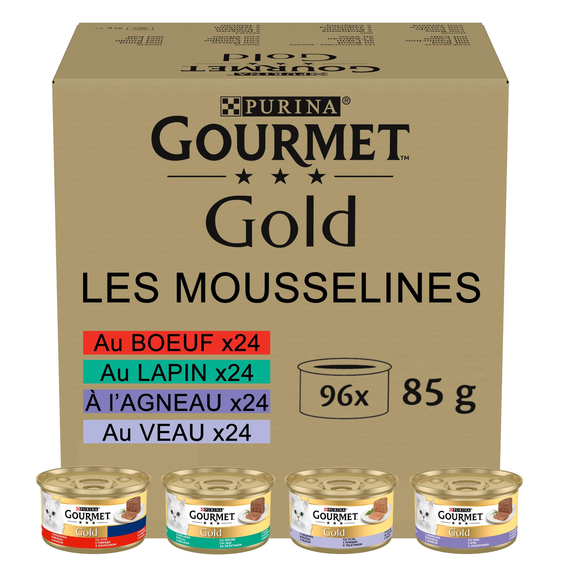 GOURMET GOLD Les Mousselines Nourriture pour chats Pâtée pour Chat Adulte – Lapin, Bœuf, Veau, Agneau, 96 x 85 g