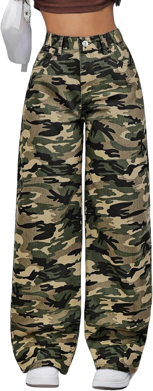 EARKOHA Women's Jeans Women's Branch Pattern Pocket Wide Leg Loose Casual Denim Pants