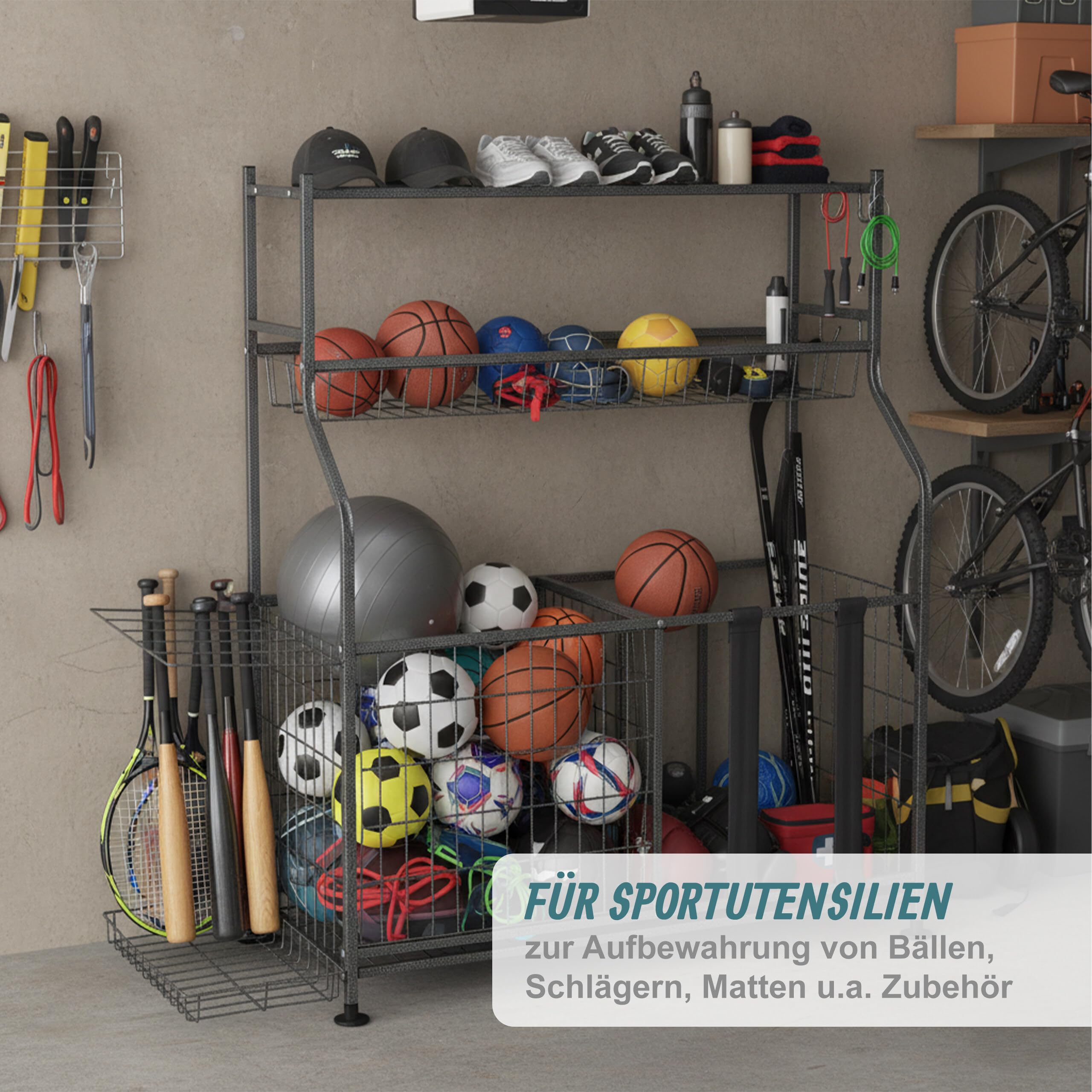Relaxdays Sportgeräte Aufbewahrung, Metall, Regal für Sportutensilien & Bälle, HBT: 111 x 118 x 42 cm, Ballregal, grau Küche, Haushalt & Wohnen
