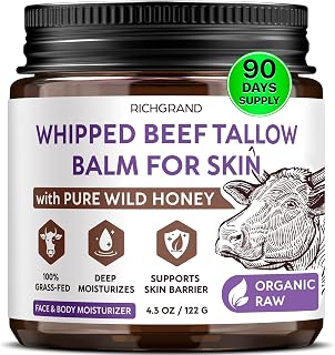 RICHGRAND Beef Tallow for Skin - Whipped Tallow and Honey Balm - Grass Fed Beef Tallow for Face, Daily Moisturizer & Body Butter - Natural Non Comedogenic Skincare