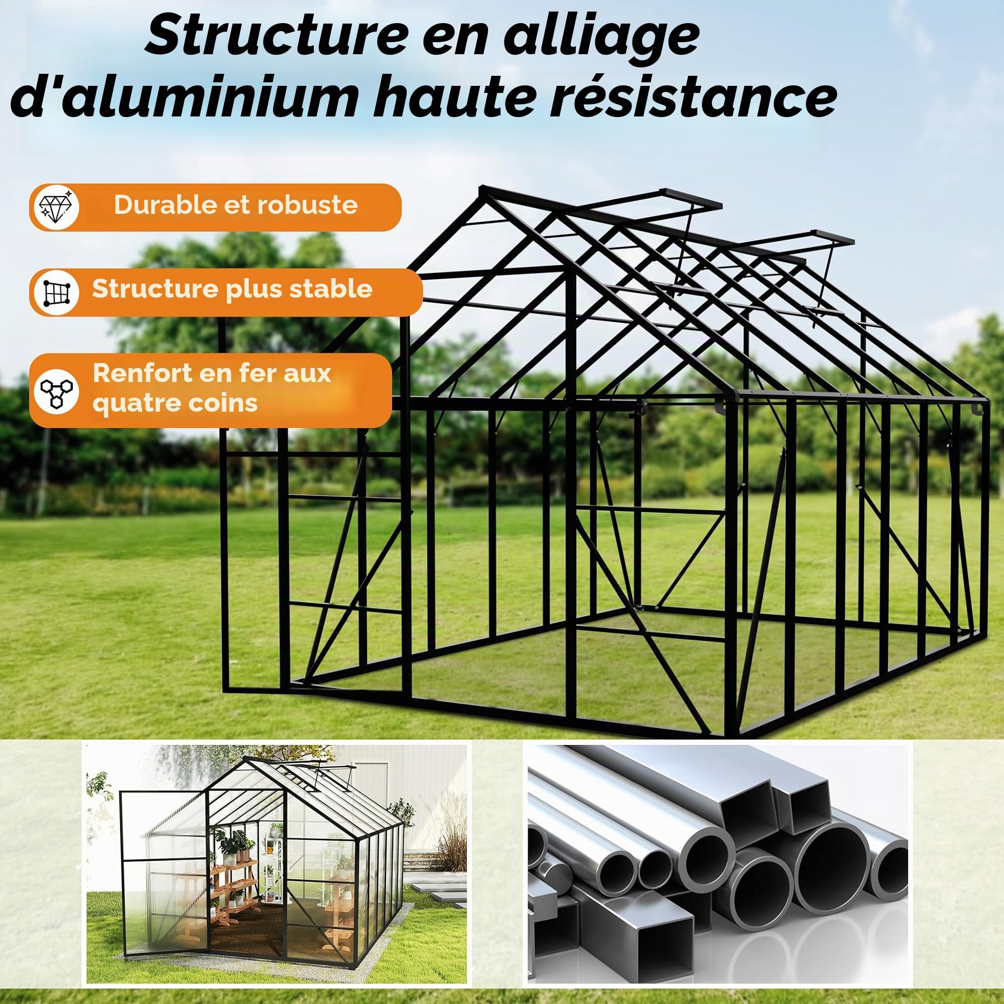 LARS360 Serre de jardin en aluminium avec fondation, plaques à double paroi en polycarbonate de 4 mm, pour jardin, serre à tomates avec fenêtre de toit, maison de plantes résistante aux intempéries
