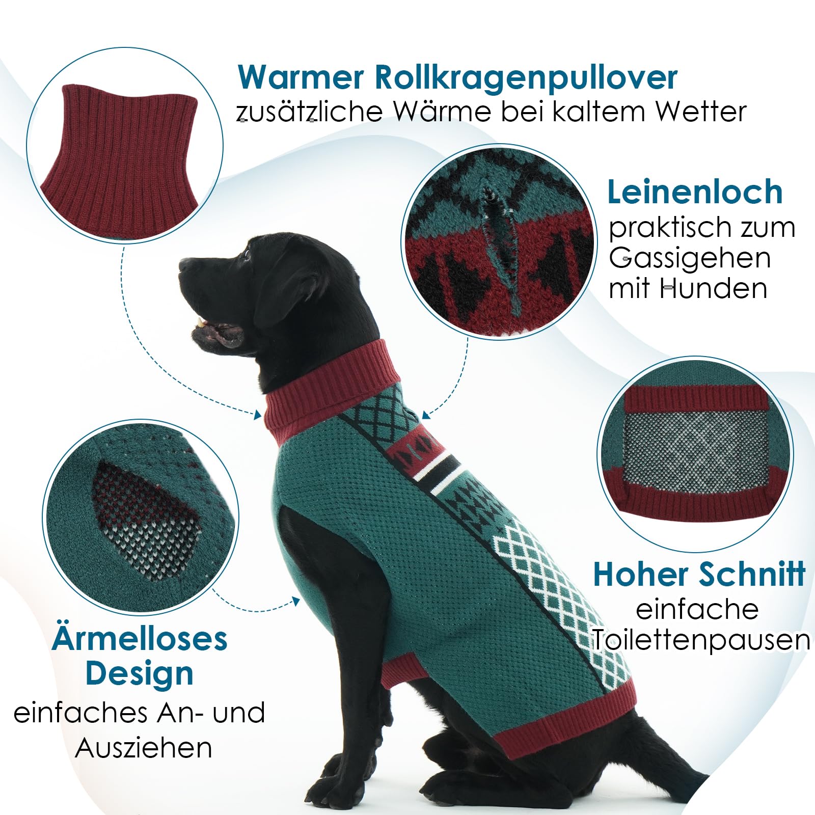 Rollkragen Hundepullover - Pullover Hunde mit Leinenloch | Leicht und Elastisch Hundepulli für Extra Große Hunde, Ärmelloser Winter Hundekleidung, Grün, 4XL