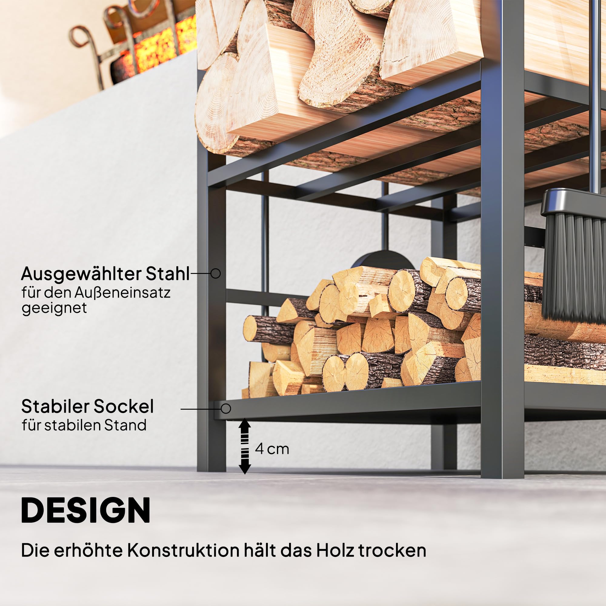 Outsunny Kaminholzregal 2 Ebenen für Kamin & Ofen 40x30x74,5 cm Schwarz