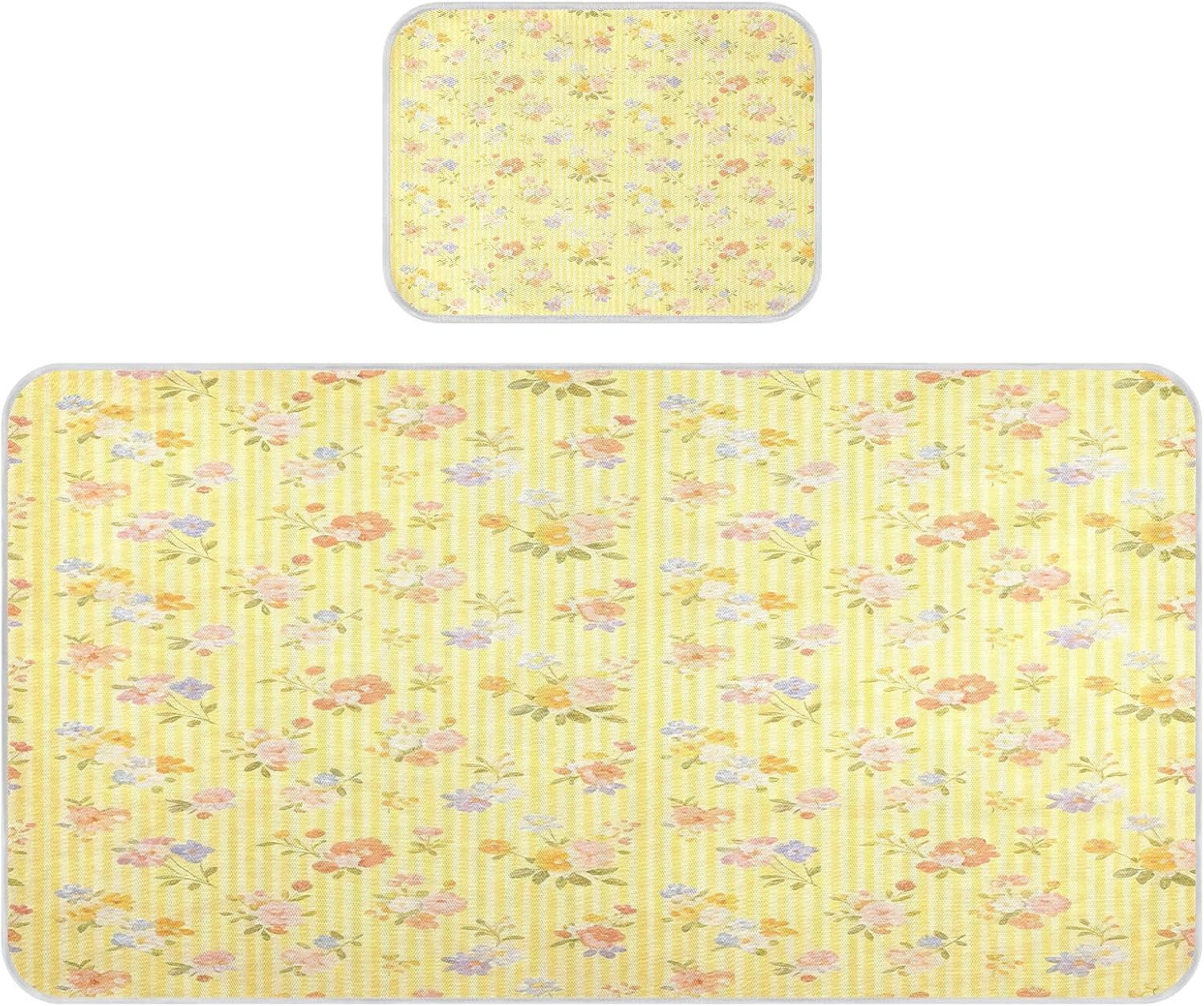 Cooling Baby Waterproof Mattress 28" x 52" Ultra Soft Retro Cute Tiny Flowers Yellow Striped Pads Washable for Baby&Toddler