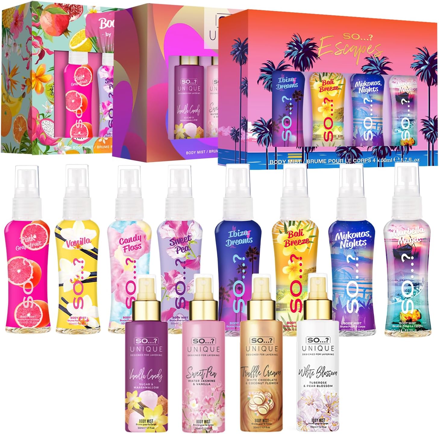 So…? Summer Escapes, Body Mist by So…? & So…? Unique Womens Gift Sets Bundle, Body Mist Fragrance Spray (4x50ml) Pack of 3