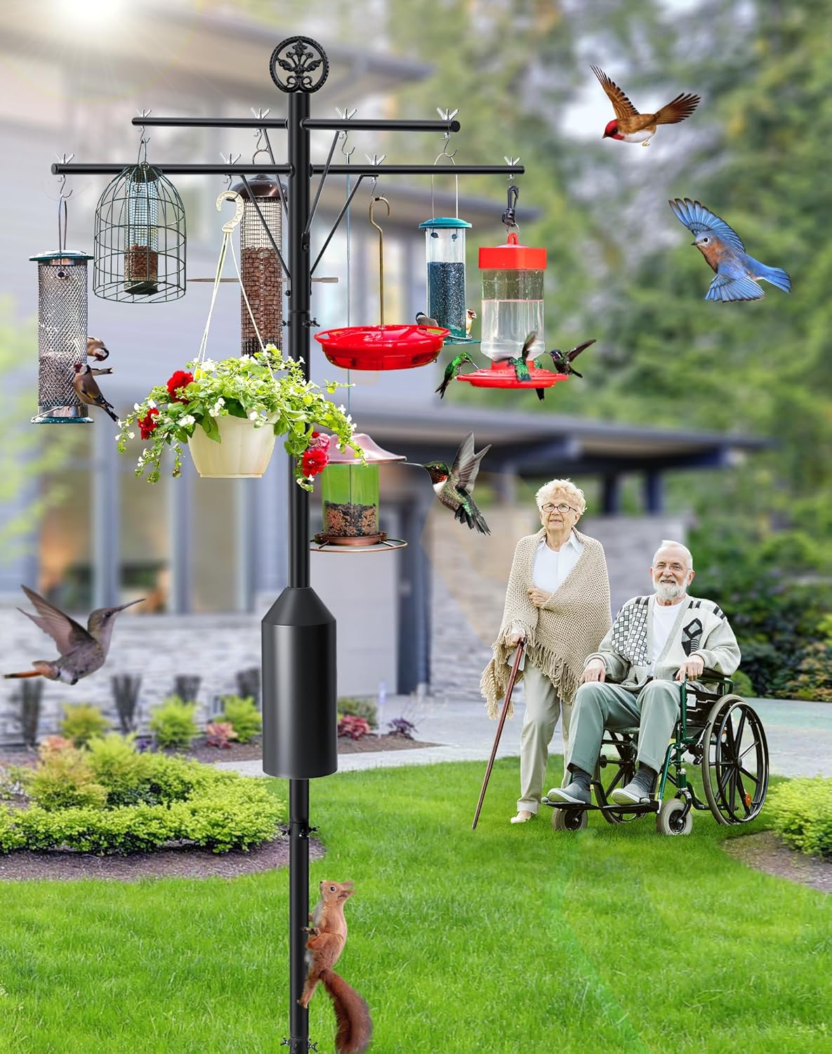 95 Inch Bird Feeder Pole with Torpedo Squirrel Proof Baffle, Heavy Duty Steel Squirrel Proof Pole System with Hanging Stations, Ideal for Holding 8 Feeders, Wind Chimes, Plants