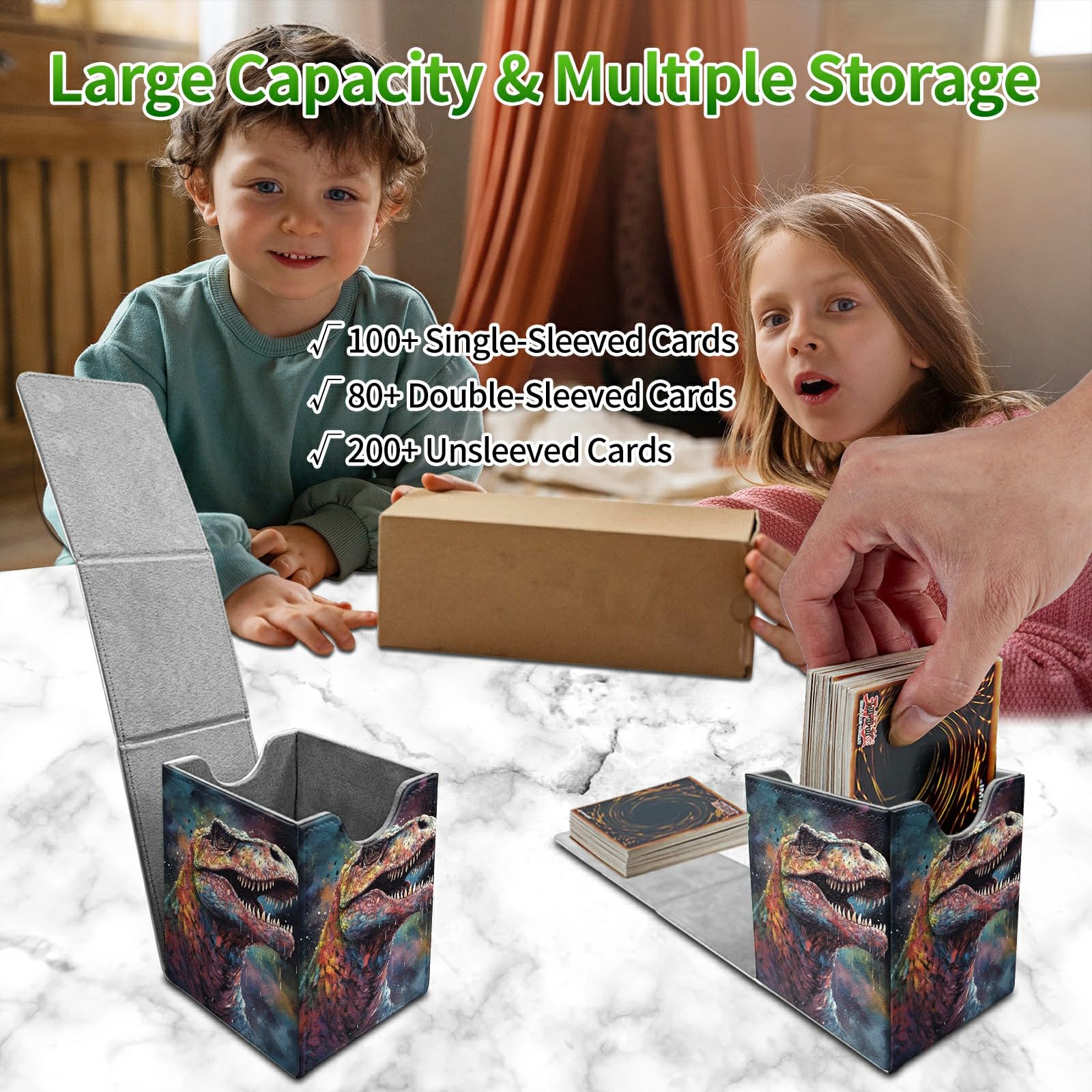 RWUTYTIUL for MTG Commander Deck Box, Card Storage Box Fits 100+ Sleeved Cards, PU Leather Large Size Strong Magnet Card Deck Case Holder for Board Game Magic MTG TCG CCG, Dinosaur