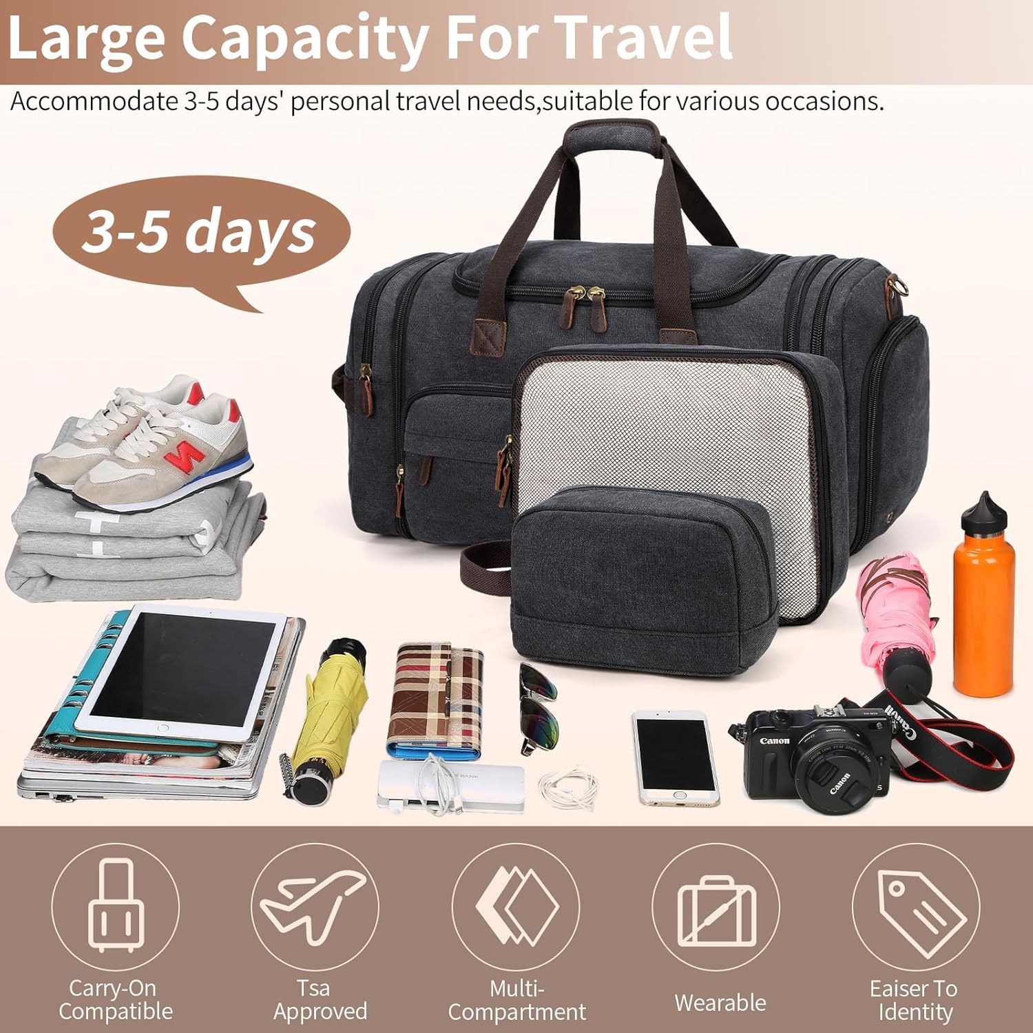 Bolsa de lona expandible para hombre, 60 litros, con compartimento para zapatos, para llevar a cabo el fin de semana, con compartimento para zapatos, para aviones, Gris-oscuro, Exteriores 6