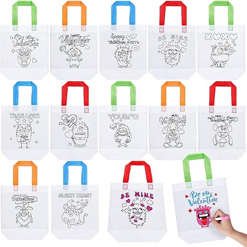 Miniatura 1 de JarThenaAMCS 12 bolsas reutilizables para colorear para el día de San Valentín con asa y bolígrafos de acuarela, colorea tu propia bolsa de regalo