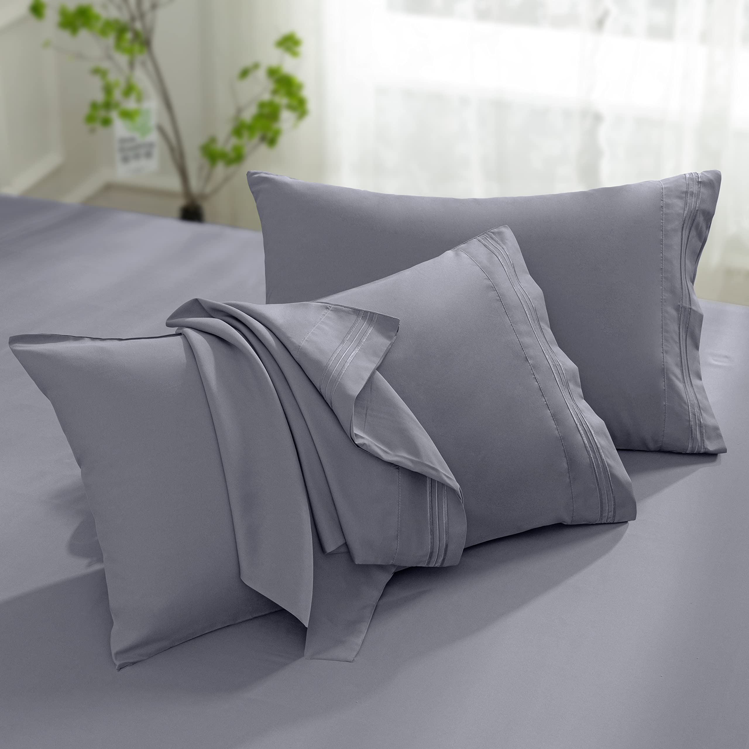 Aormenzy Microfiber Pillow Cases - King Size Set of 2-1800 Thread Count Ultra Soft Grey Pillowcases - Wrinkle Resistant Pillow Covers with Envelope Closure - 20" x 40"