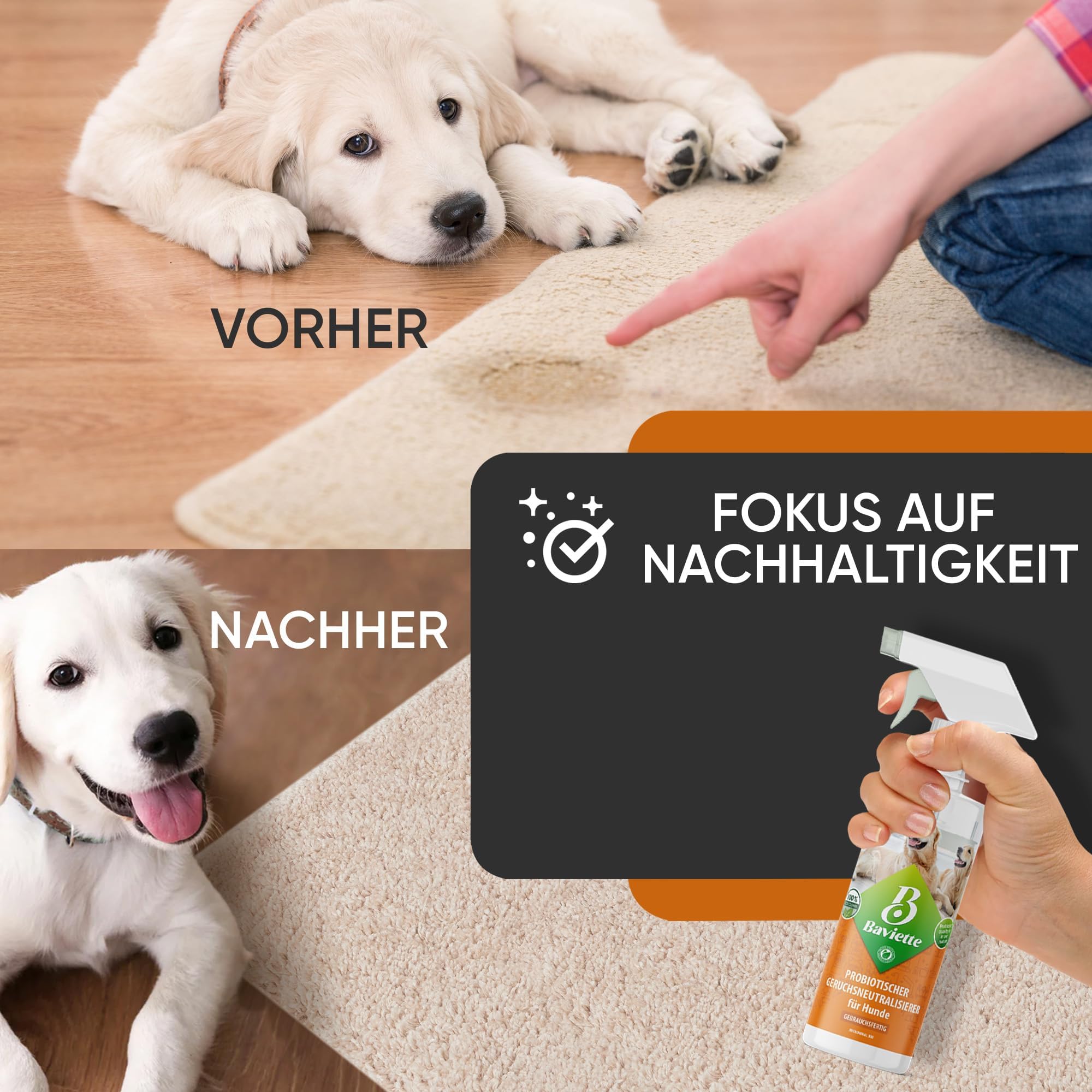 Baviette Spray 4 x 500 ml – Neutralizador de olores para hogares de Perros – con microorganismos Naturales – Inodoro, sin Cloro y Respetuoso con los Materiales – Adecuado para Textiles, Muebles