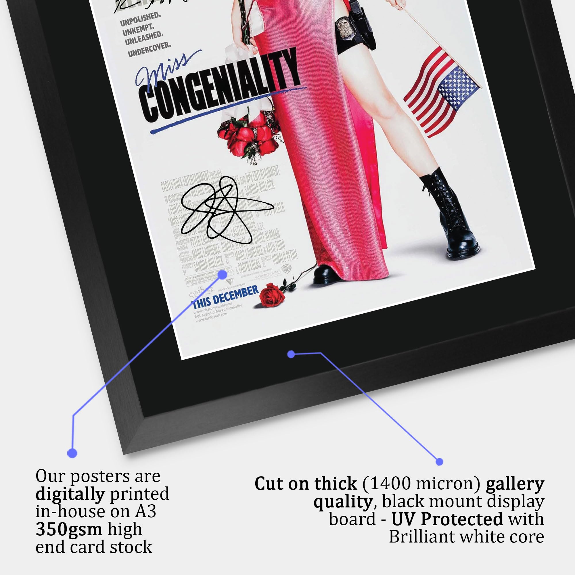 HWC Trading Miss Congeniality 2000 Sandra Bullock Geschenke Poster mit gedrucktem Autogramm Bild für Filmfans - A3 Gerahmt (ID-012876)