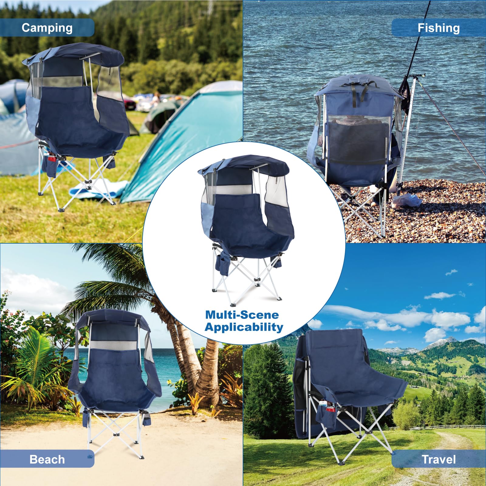 Sillas plegables de camping al aire libre: silla de playa portátil deportiva con toldo, sillas de playa con sombrilla para adultos, silla de camping con sombra para campamento de pesca, resistente