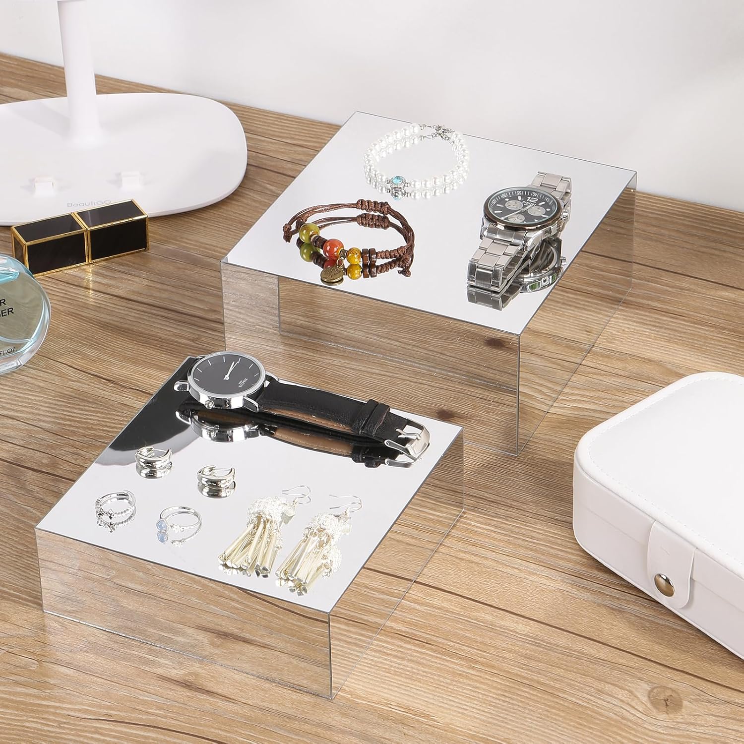 4 Pack Silver Acrylic Display Risers & 2-Tier Gold Trim Sunglasses Stand Combo, Eyeglasses Organizer for Retail & Home Decor