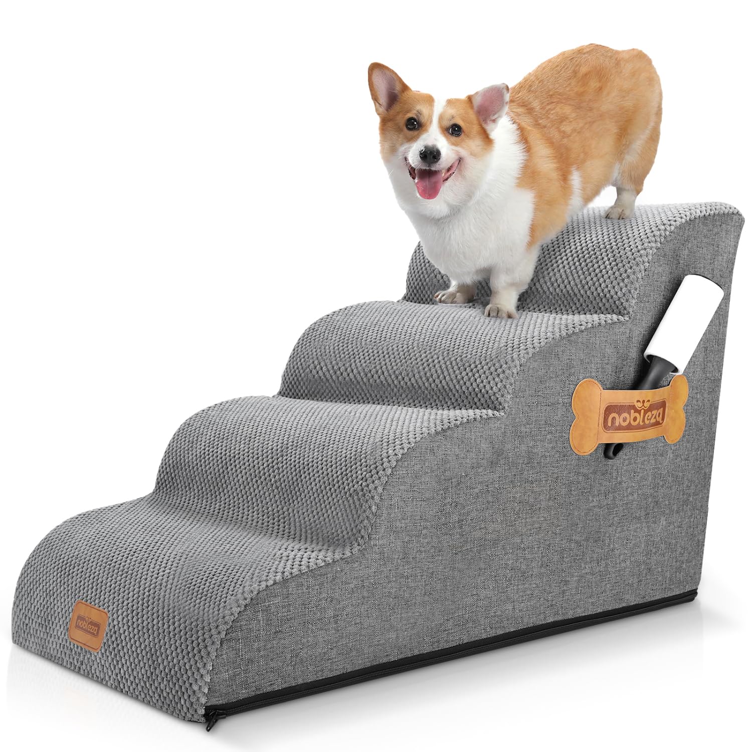 Nobleza Escalera para Perros, Escaleras Rampa para Perros Mascotas de Espuma de 4 Escalones con Rodillo para Pelusa, Escalera para Cama de Perros Pequeños Perros y Gatos Subir a la Cama