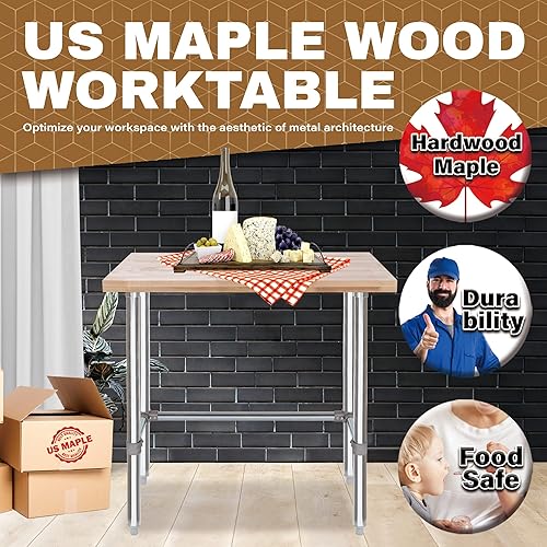 Miniatura 9 de Mesa de trabajo de madera con parte superior de arce de EE. UU., 30 x 48 x 35 pulgadas, banco de trabajo de madera con base abierta estabilizadora