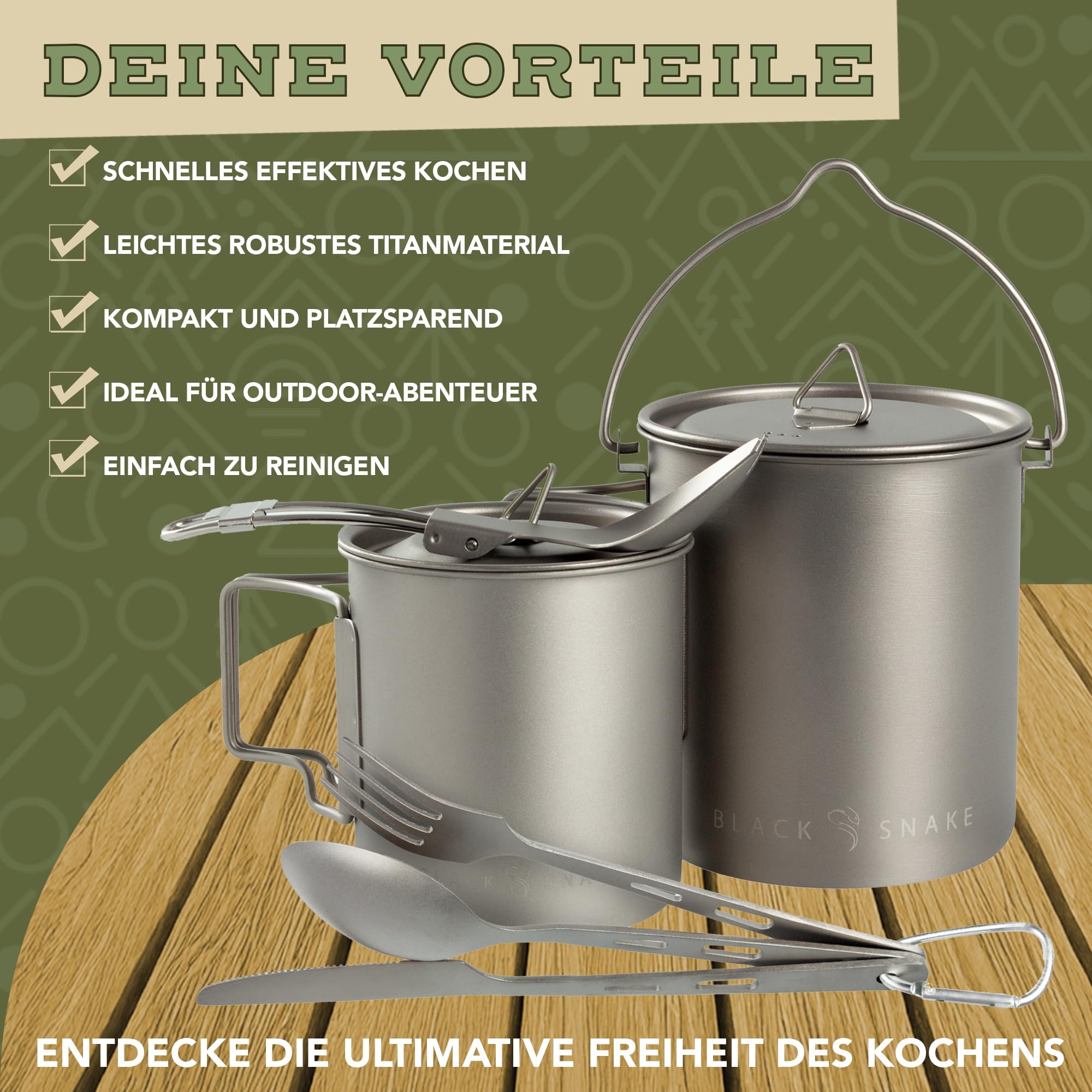 Black Snake Titan Camping Set 6-teilig - Outdoor Geschirr & Besteck mit Topf, Göffel, Messer, Gabel, Löffel - Ultraleicht, kompakt & rostfrei