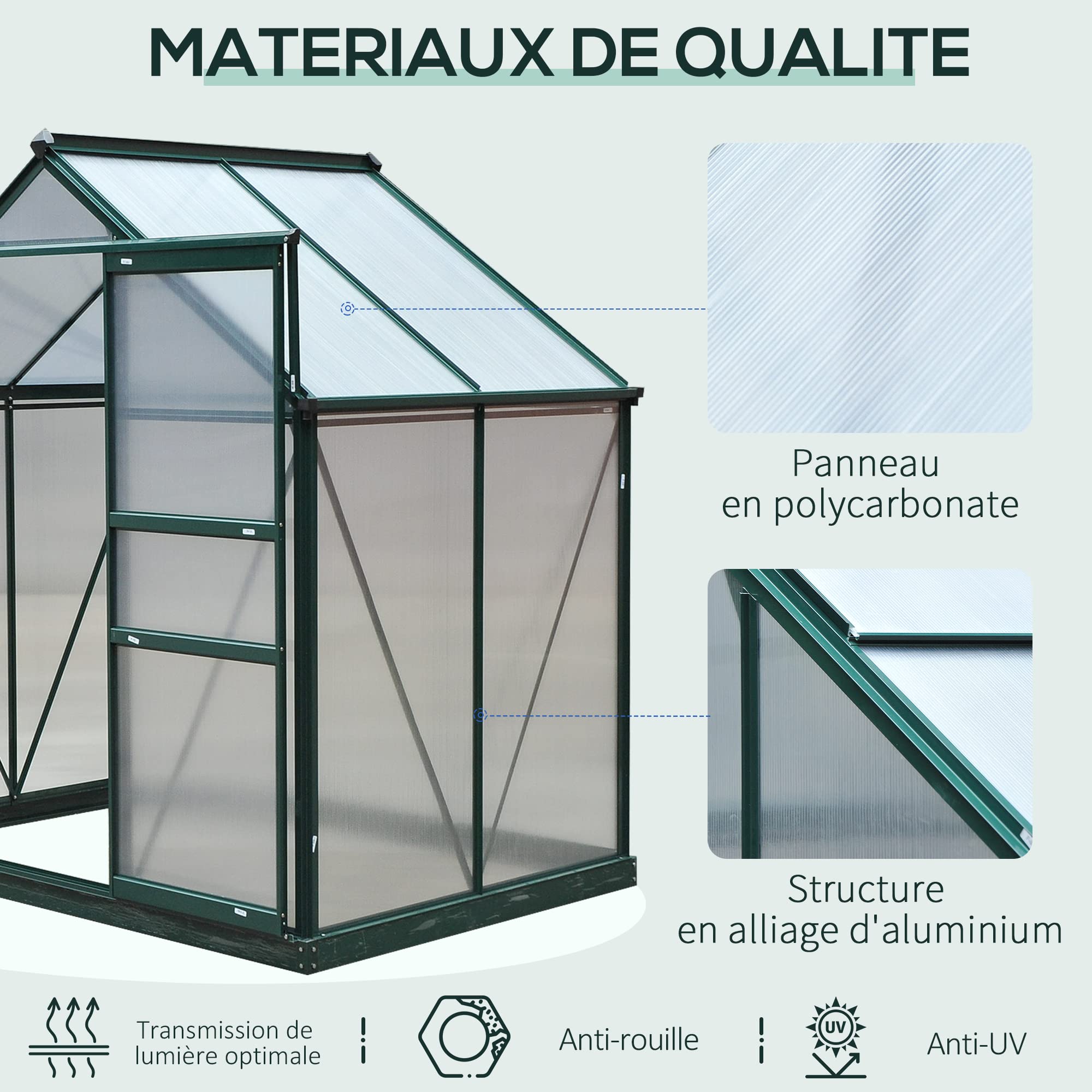 Outsunny – Invernadero de jardín (aluminio y policarbonato lucarne, puerta corredera + Fundación incluida Alu. Verde policarbonato transparente