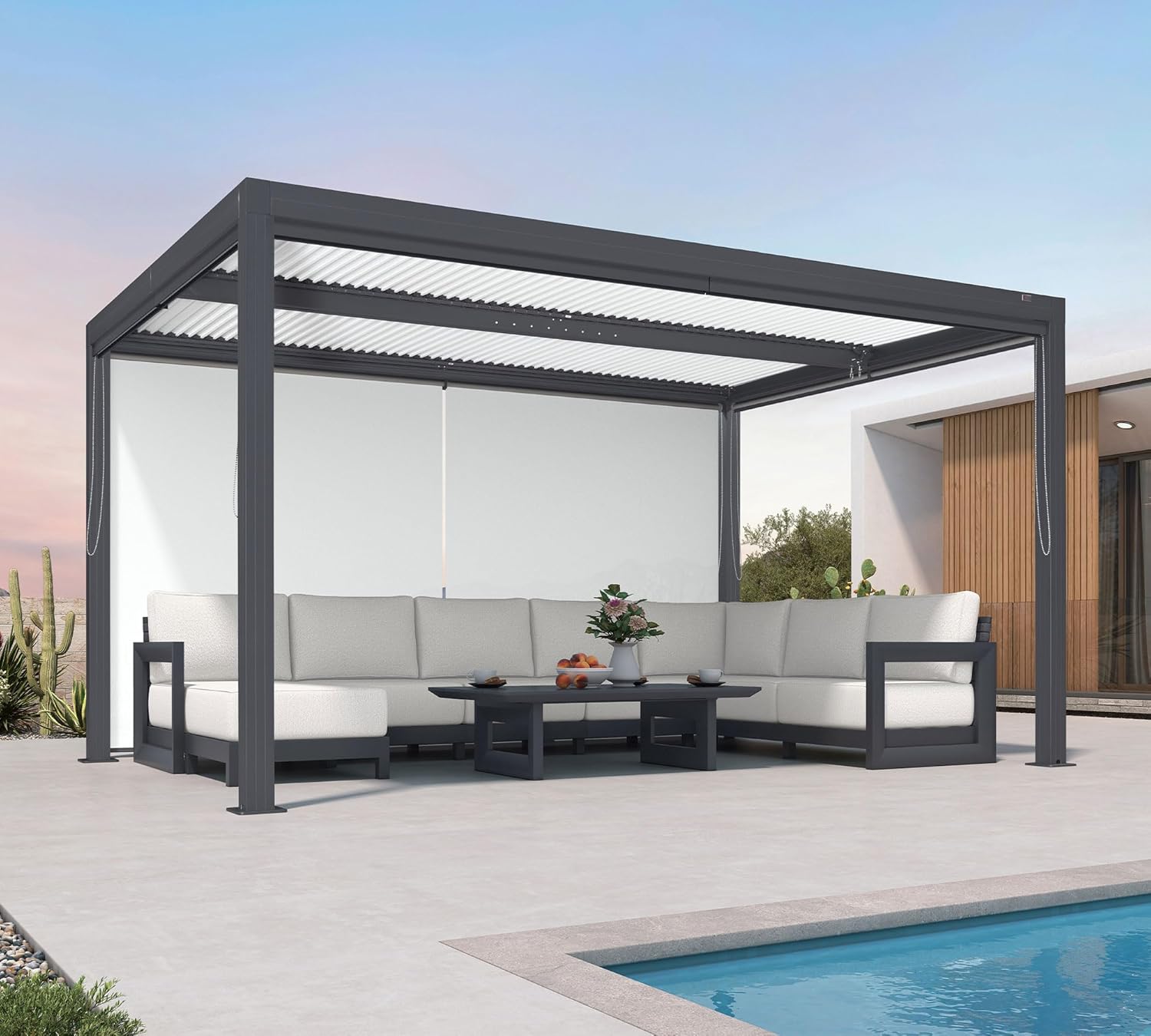 PURPLE LEAF 10' x 14' Louvered Pergola with Side Shades Outdoor Aluminum Pergola with Hidden Drainage System Patio Hardtop Small Pergolas for Deck Porch Garden, 1 Long Side