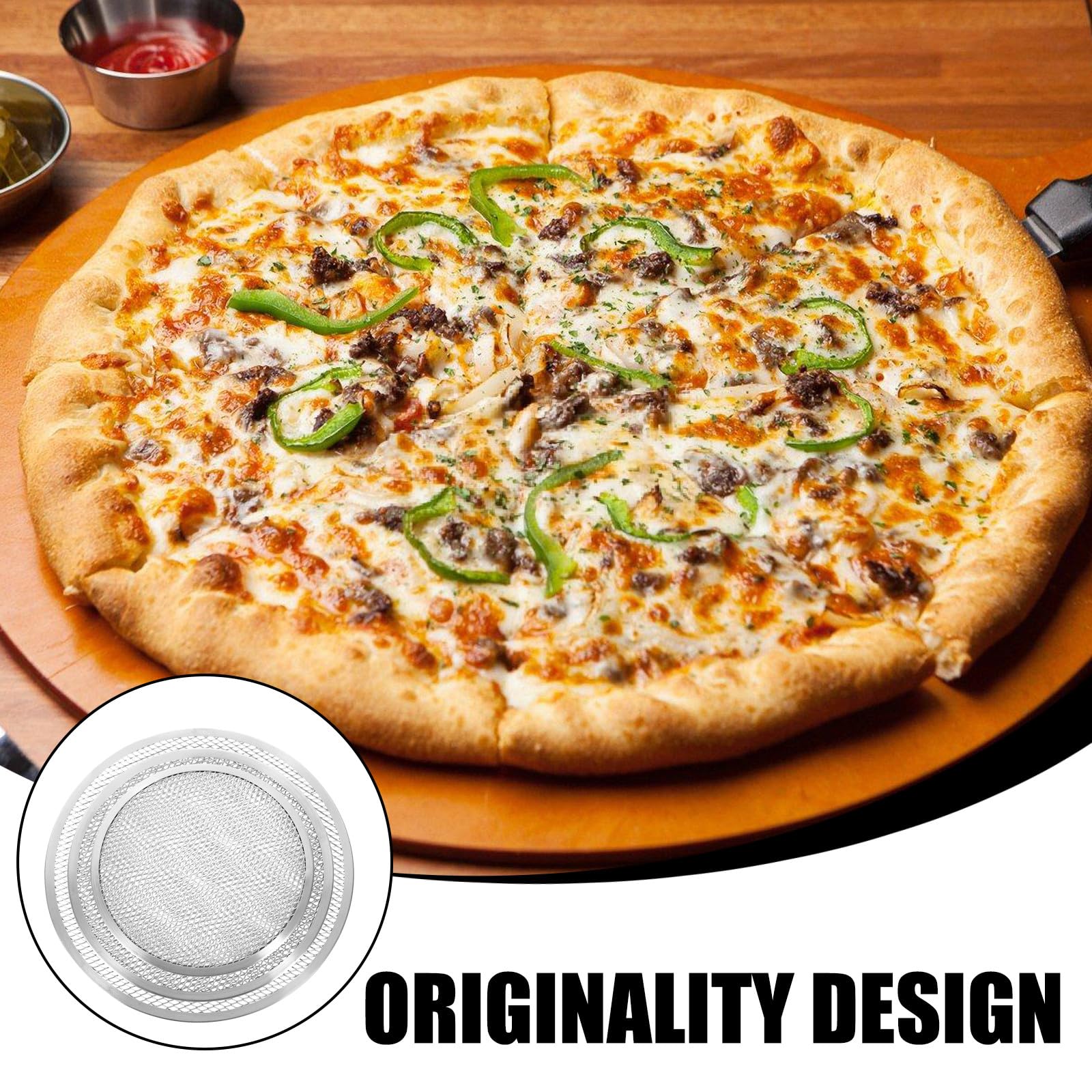 Bandejas para Pizza Resistente y Apto para Horno de Juego de 3 Malla Perforada Tamaños 10, 12 y 14 Pulgadas para Hornear Diario y Diversas Necesidades