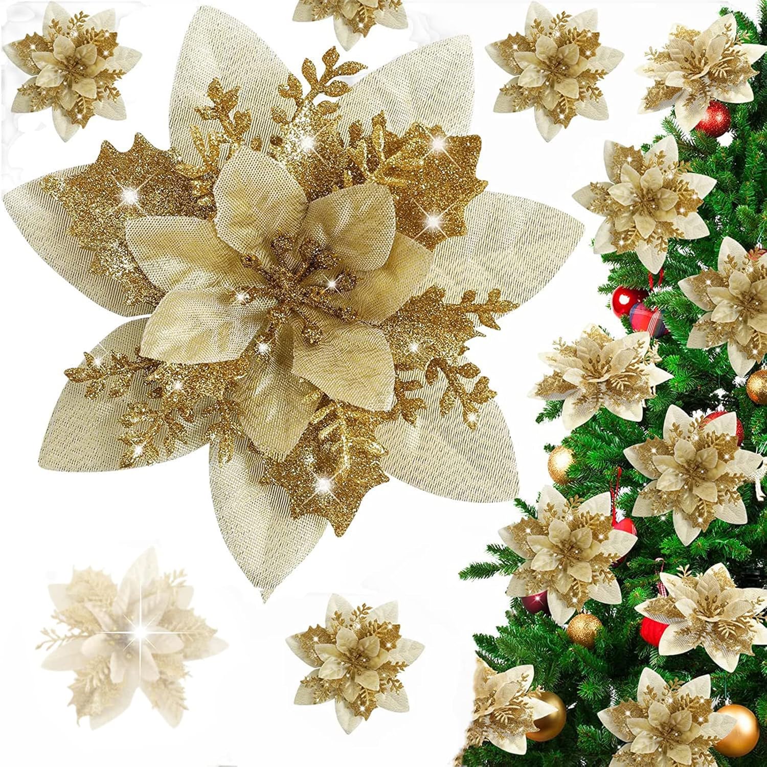 Excefore Glitter Poinsettia Flowers Artificial, 12 Pcs Gold Poinsettia