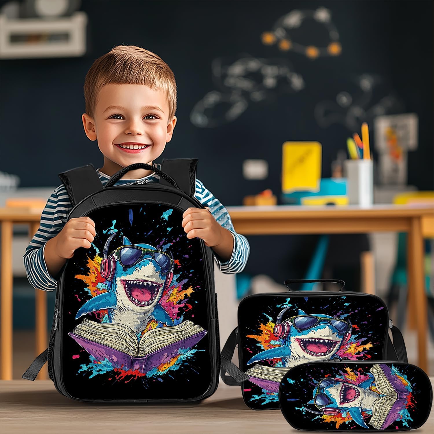 Shark School Backpack 3 Piece Set Backpack Lunch Bag Pencil Case Waterproof Fabric for School Gifts for Students Kids Toddler Boys Girls Elementary Middle
