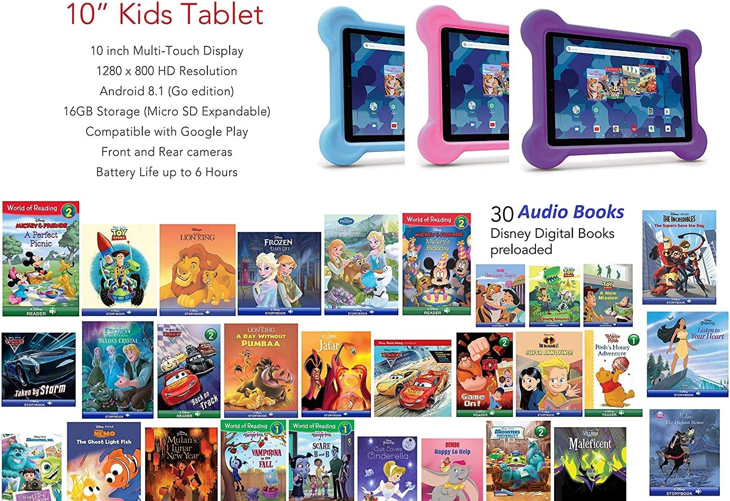 RCA Android Tablet Bundle (10″ Tablet, Audio Books, Bumper Case, Headphones) – Disney Edition (Purple)